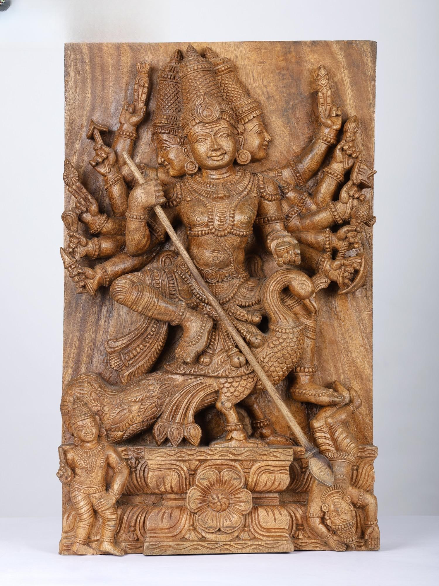 24" Twelve Armed and Three Headed Lord Kattikeya Killing Demon Tarakasura | Wood Carved Statue (1 of 2)