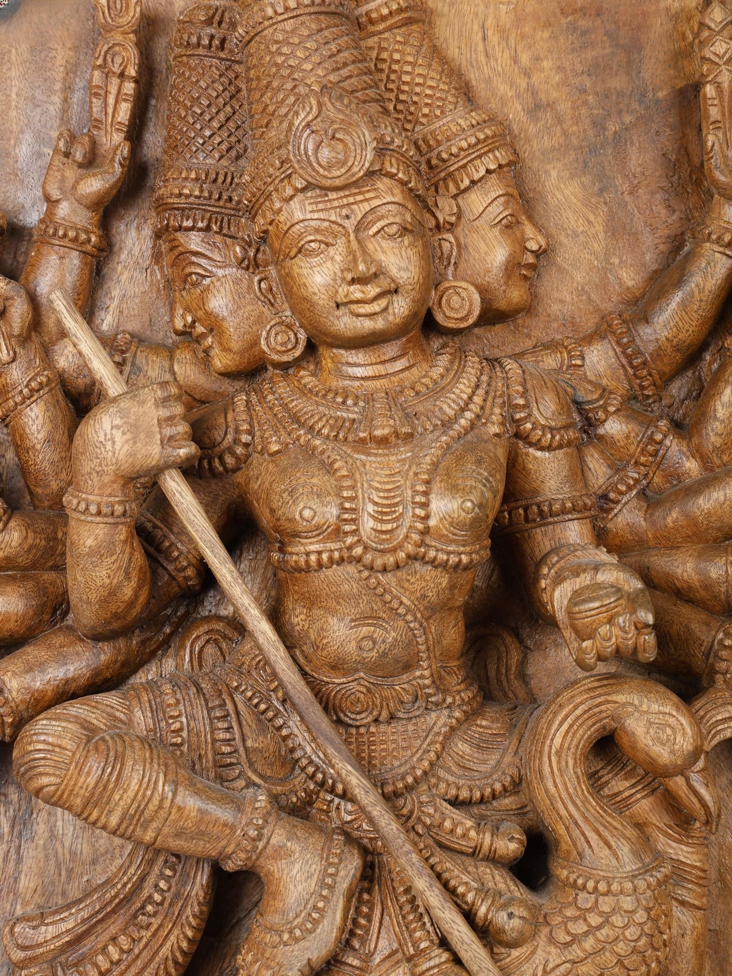 24" Twelve Armed and Three Headed Lord Kattikeya Killing Demon Tarakasura | Wood Carved Statue - 2