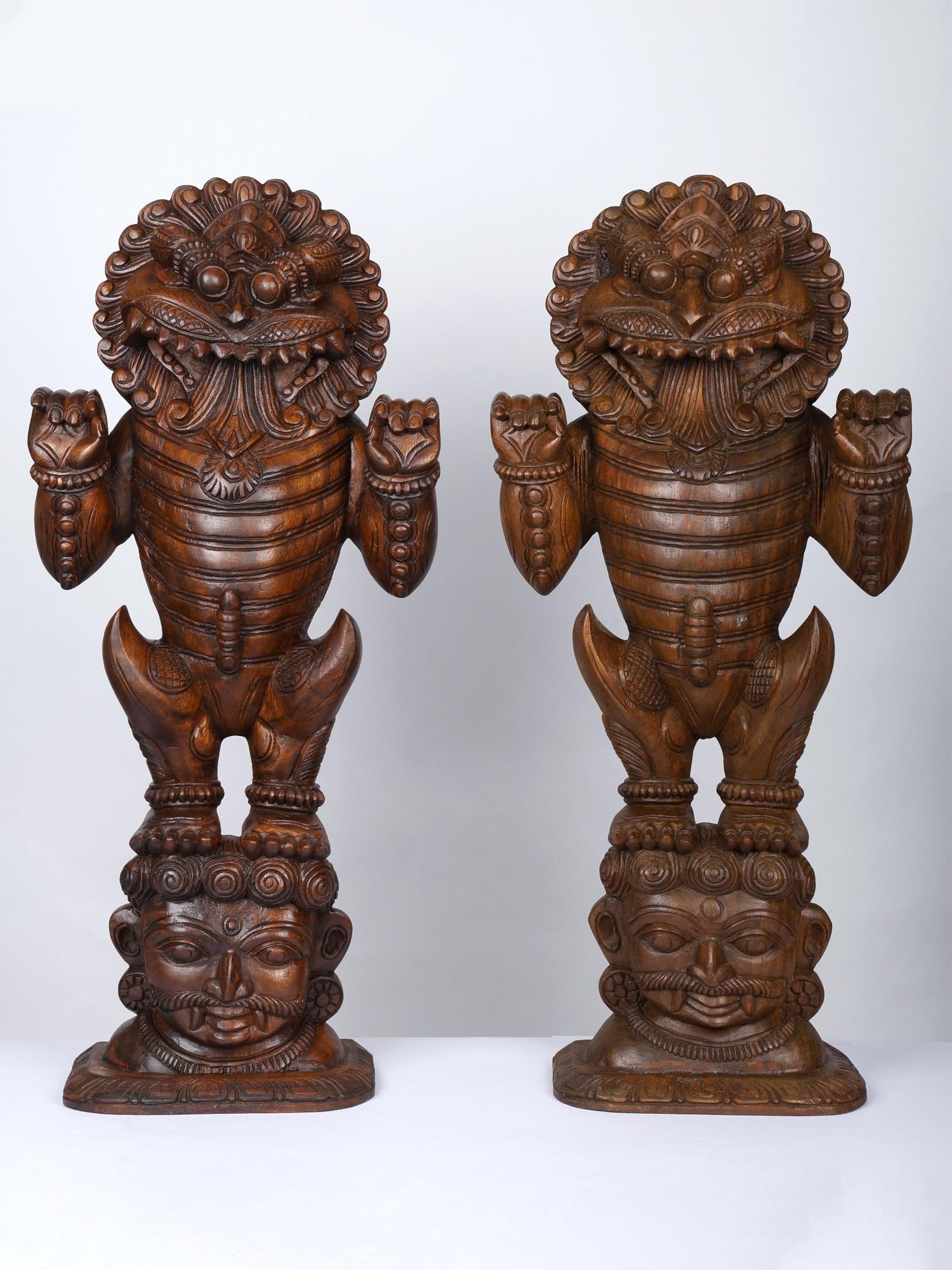 36" Large Pair of Yali | Wood Carved Statues: Title: 36" Large Pair of Yali | Wood Carved Statues Description: Additional Information: Hindu Gods & Goddesses Statues Reserve: $1,858.00 Shipping: Domestic: Flat-rate of $206.00 to anywhere within