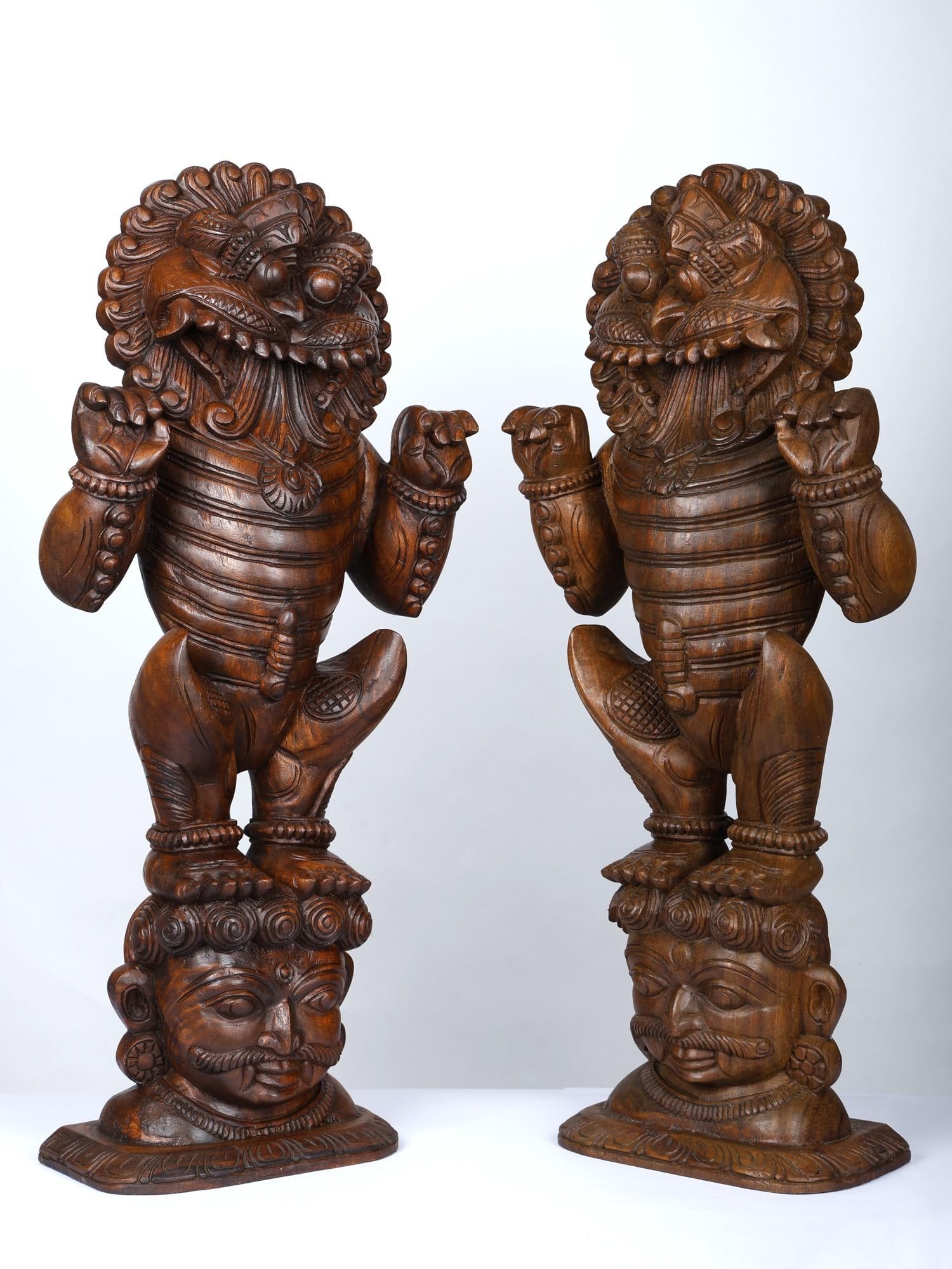 36" Large Pair of Yali | Wood Carved Statues - 2
