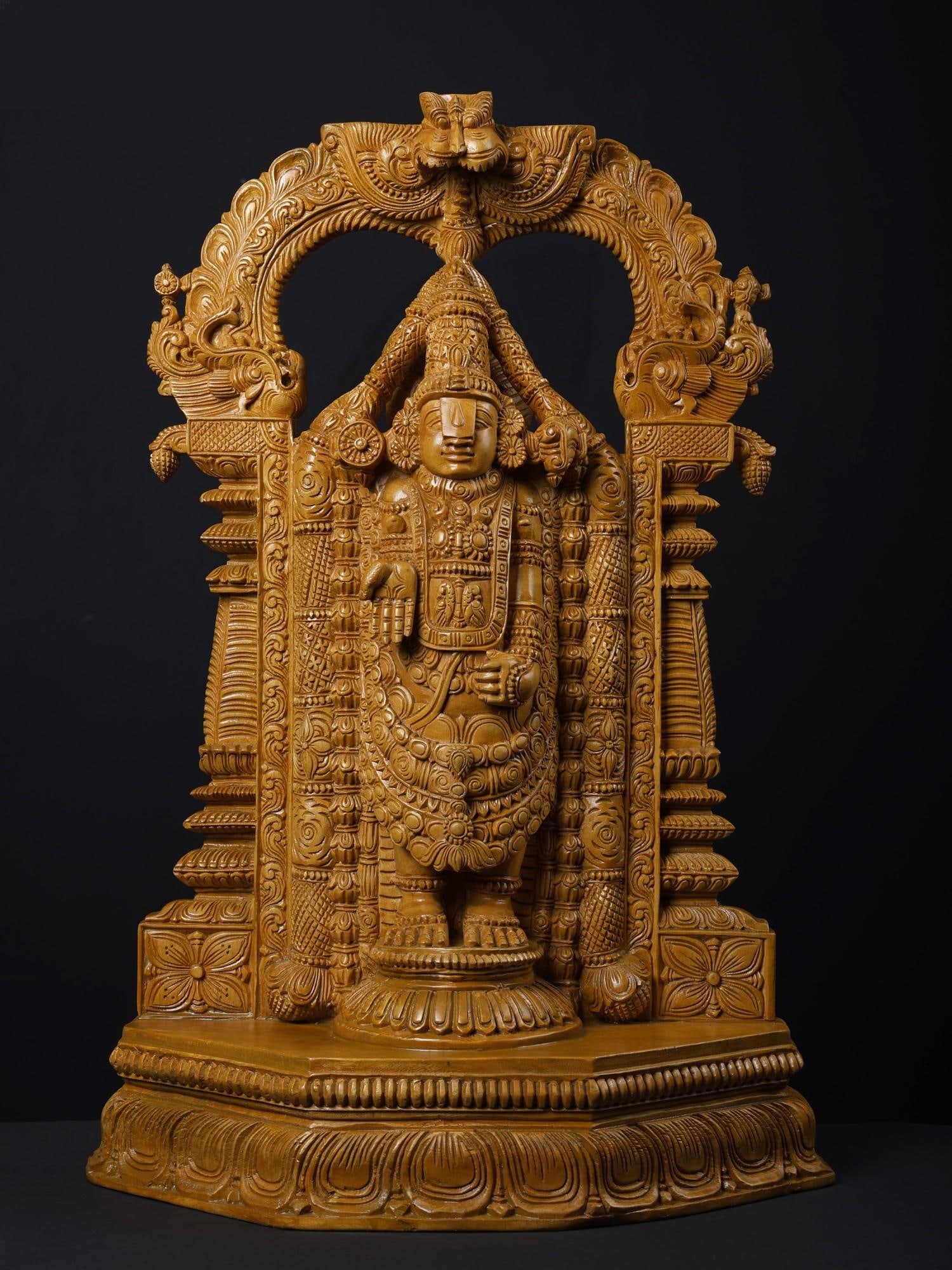 28" Lord Tirupati Balaji (Venkateshvara) with Kirtimukha Arch | Wood Carved Statue: Title: 28" Lord Tirupati Balaji (Venkateshvara) with Kirtimukha Arch | Wood Carved Statue Description: Additional Information: Hindu Gods & Goddesses Statues Reserve: $1,133.00 Shipping: Domestic: Fla