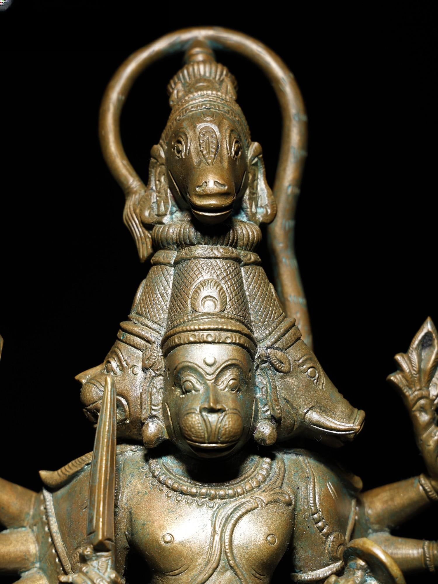 14" Ten Armed Standing Panchmukhi Hanuman Bronze Statue - 2