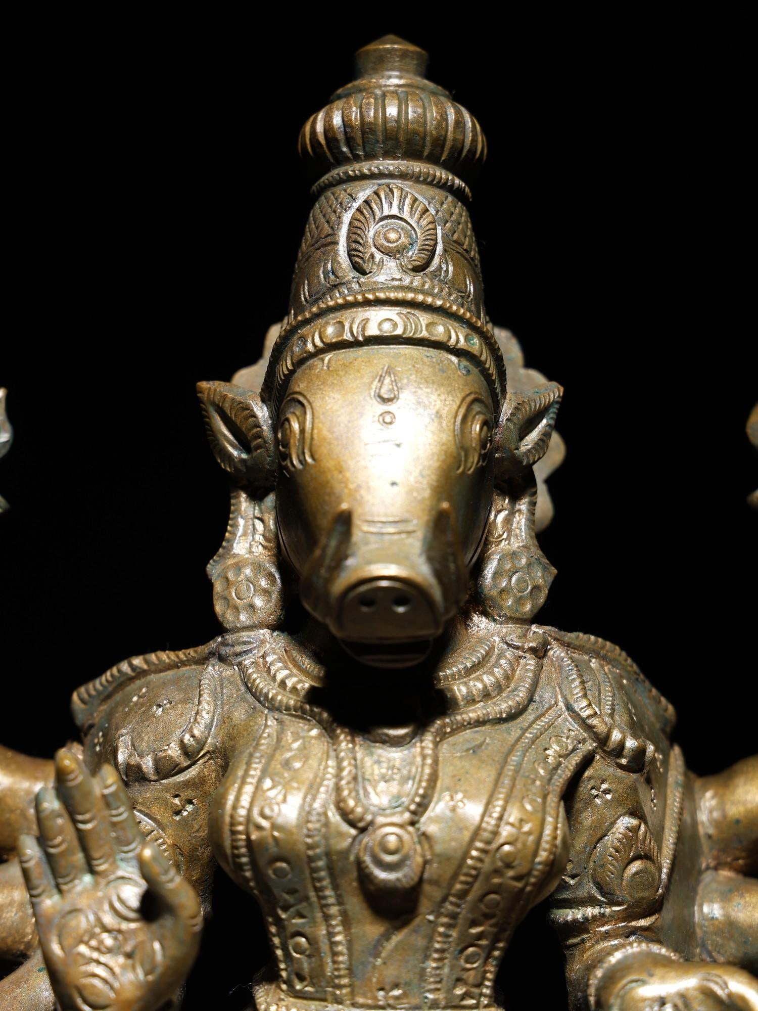 12" Eight-Armed Sitting Goddess Varahi Bronze Statue - 2