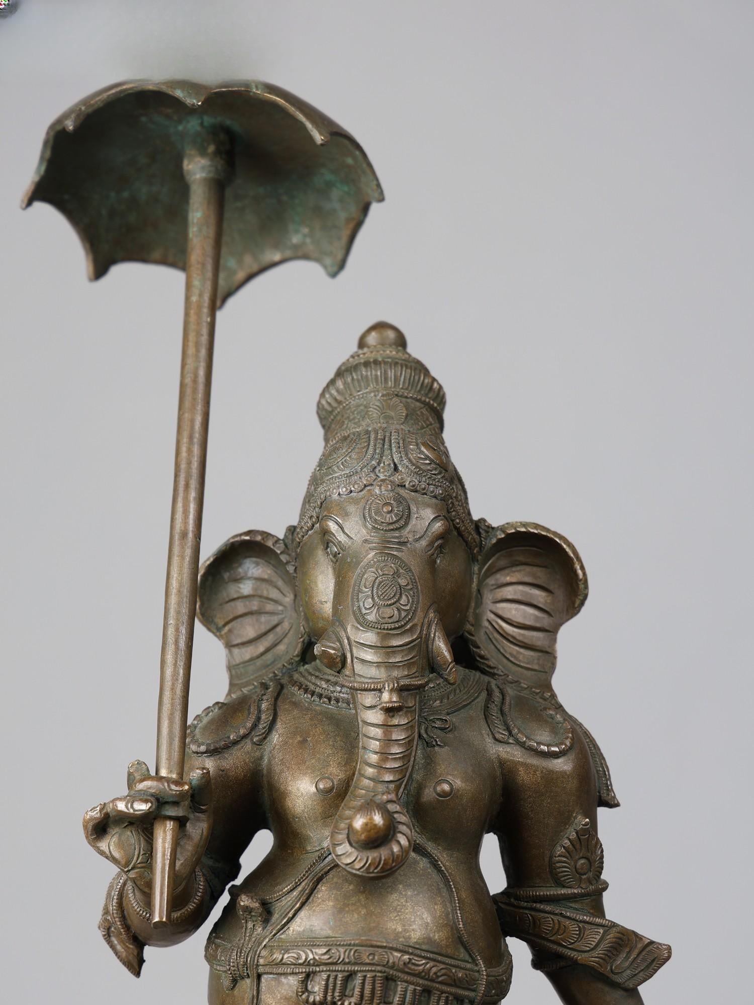 22" Umbrella Ganesha Panchaloha Bronze Statue - 2