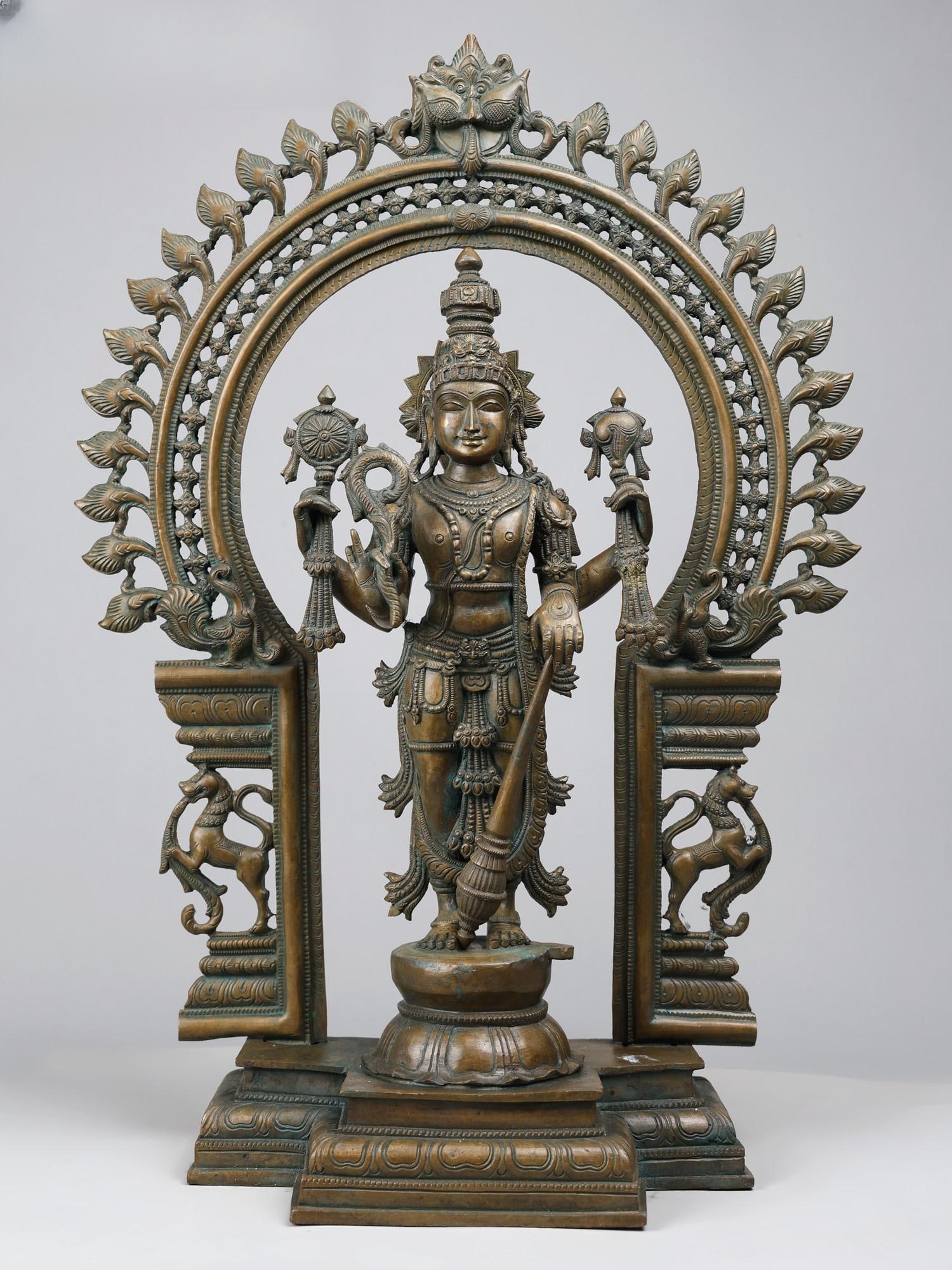 Chaturbhuja Vishnu with Elaborate Prabhavali - Bronze Sculpture (1 of 2)