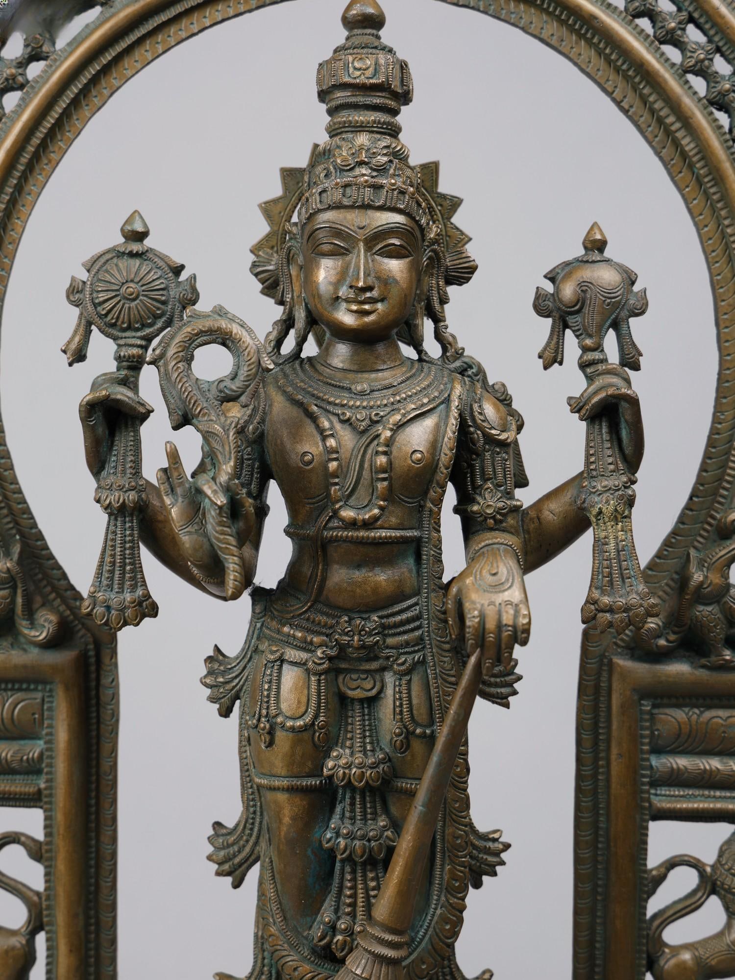 Chaturbhuja Vishnu with Elaborate Prabhavali - Bronze Sculpture - 2