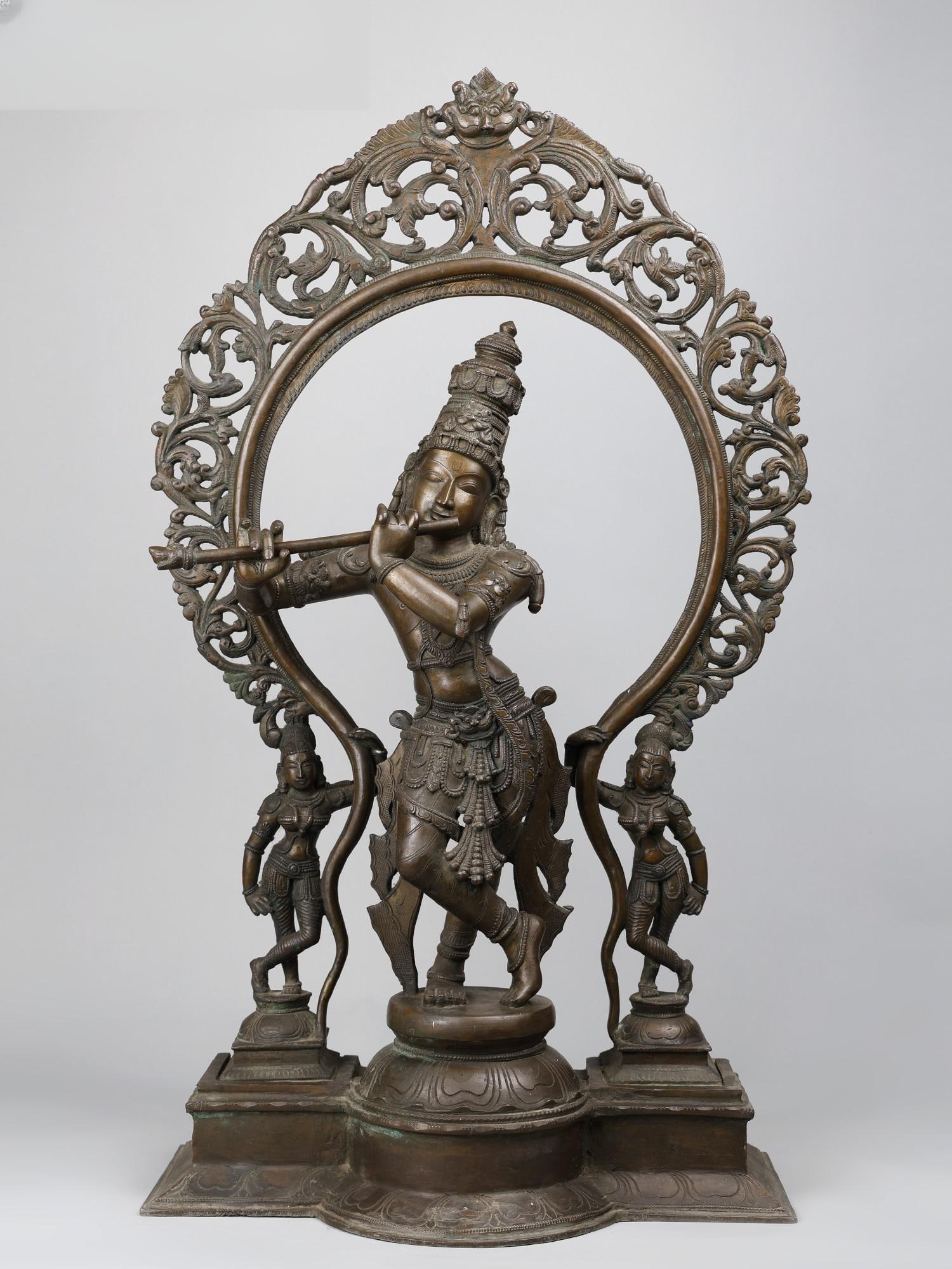 33" Large Lord Krishna Playing Flute with Kirtimukha Arch | Bronze Statue (1 of 2)