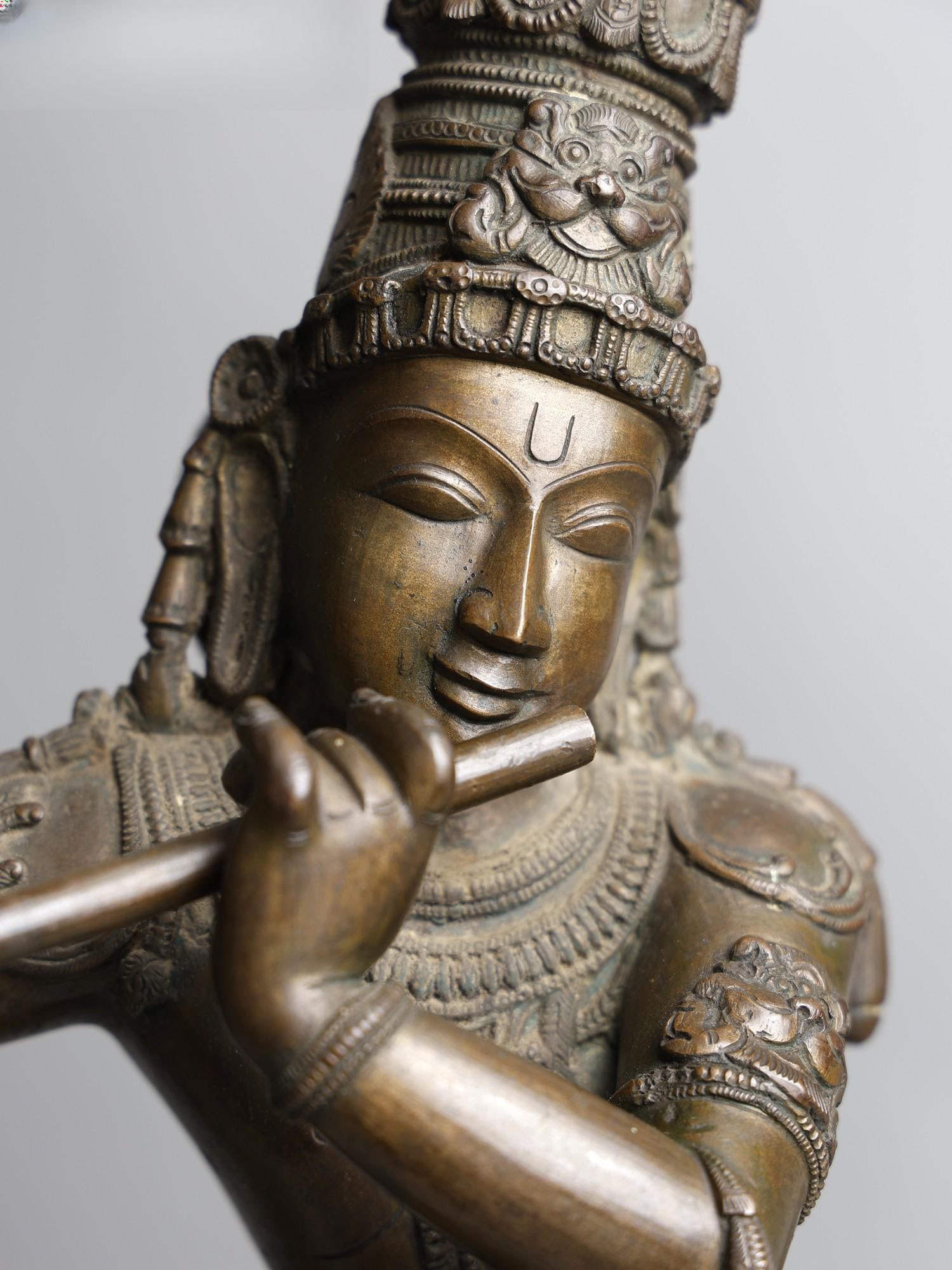 33" Large Lord Krishna Playing Flute with Kirtimukha Arch | Bronze Statue - 2
