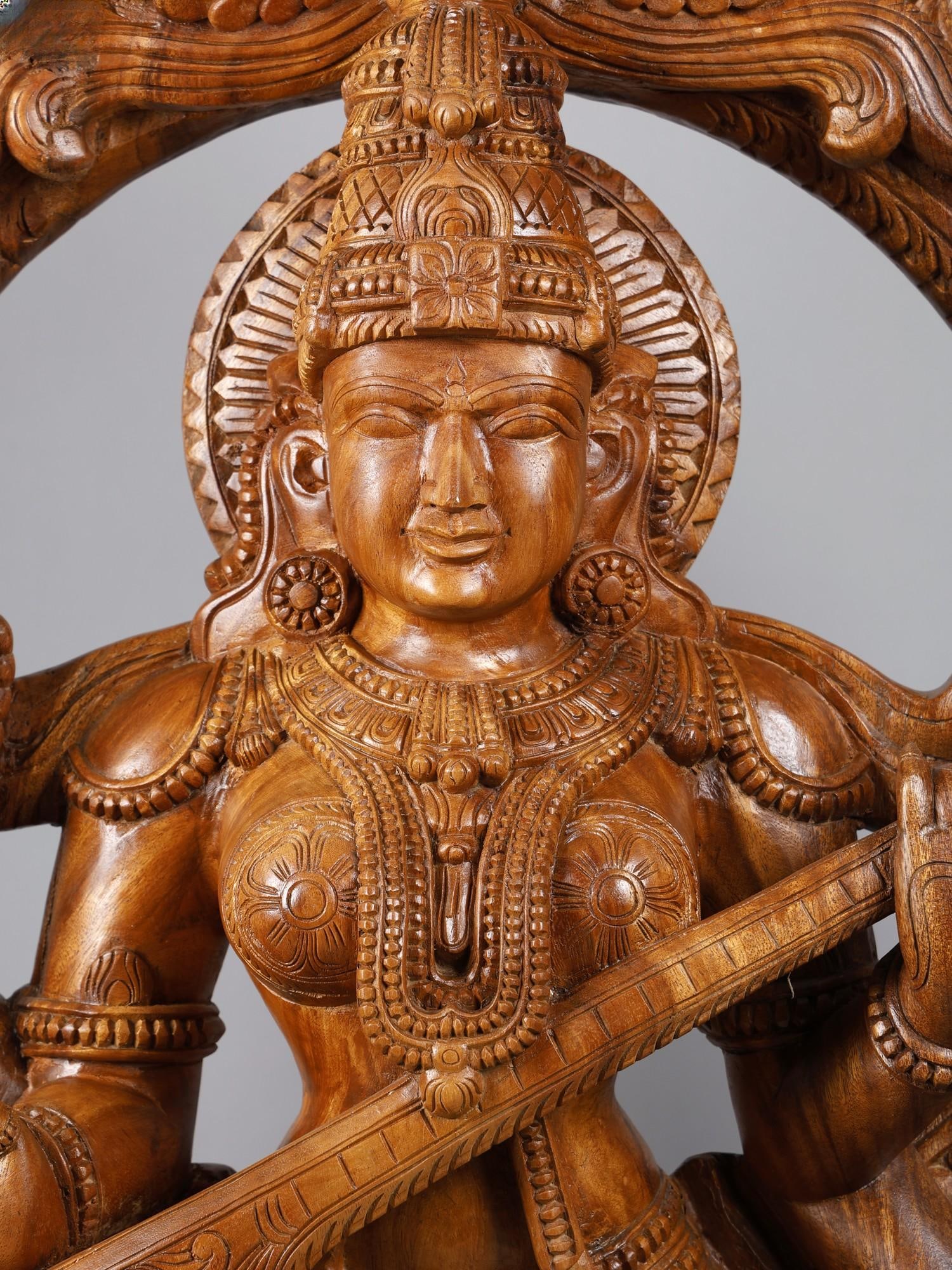 60" Large Four Armed Goddess Saraswati Seated on Kirtimukha Throne | Fine Quality Wood Carved Statue - 2