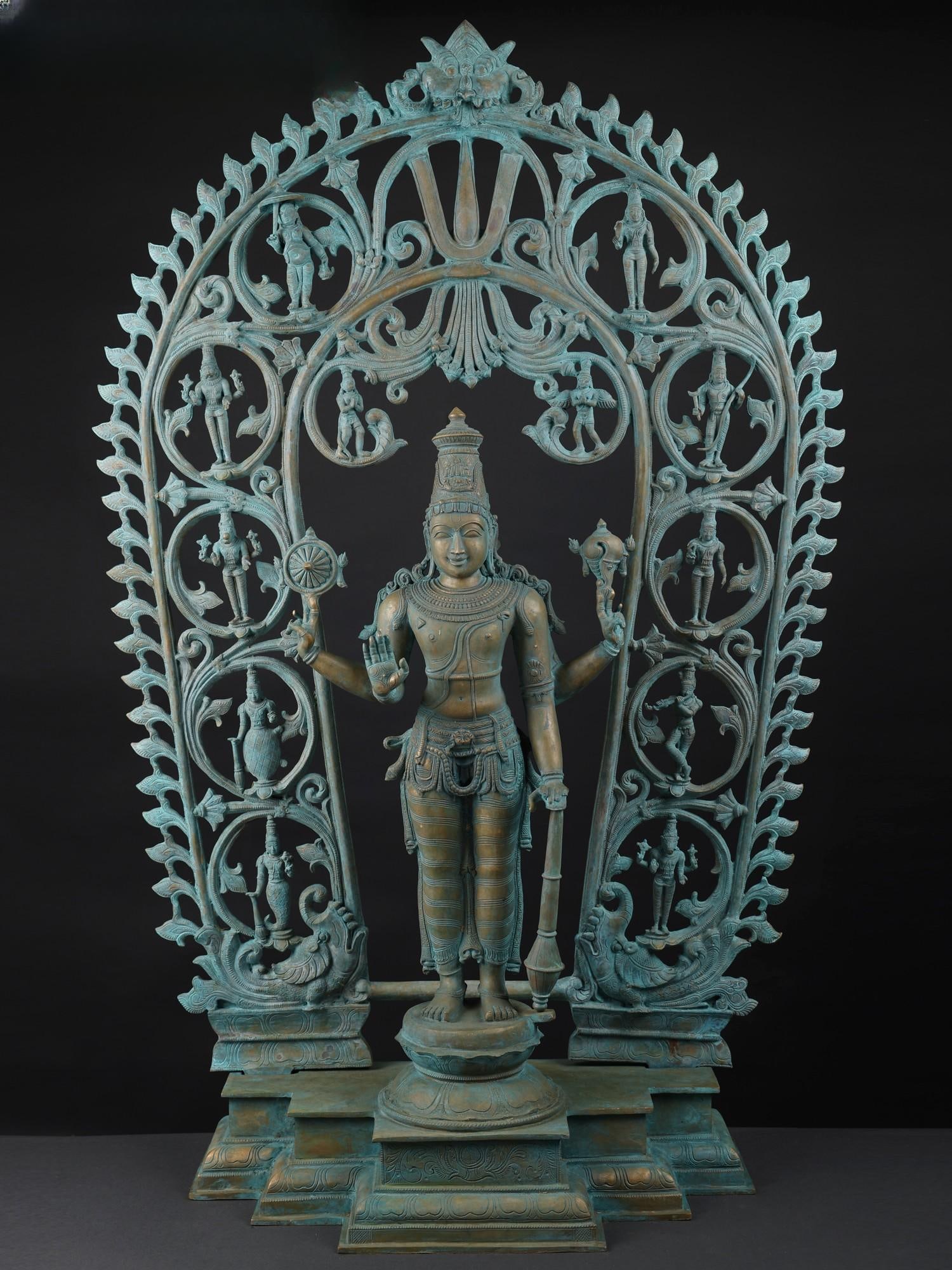 49" Standing Lord Vishnu with Dashavatara on Kirtimukha Arch | Bronze Statue: Title: 49" Standing Lord Vishnu with Dashavatara on Kirtimukha Arch | Bronze Statue Description: This magnificent 4-foot large bronze composition is the cosmic Darshana of Vishnu-Narayana, the preserv