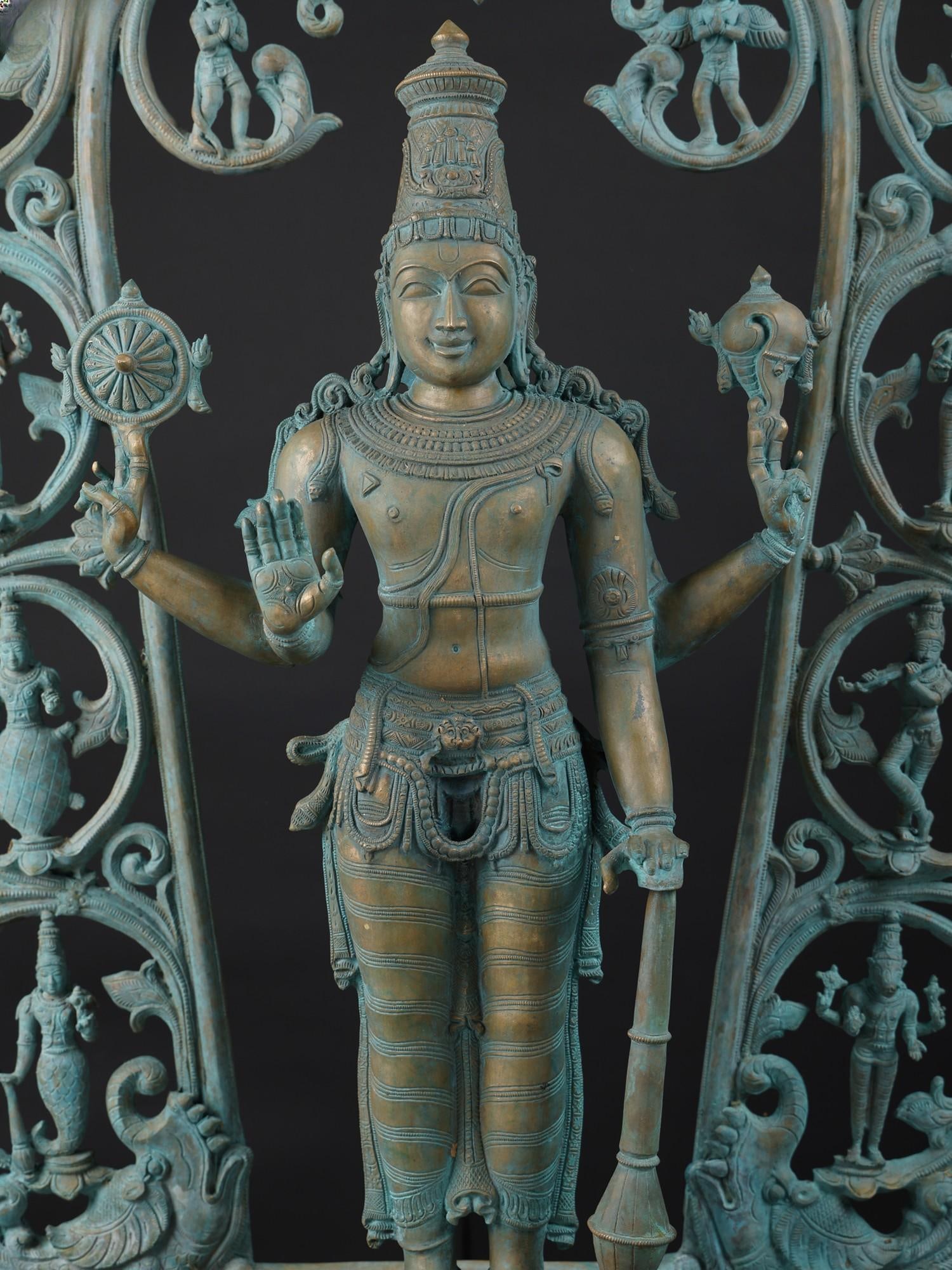 49" Standing Lord Vishnu with Dashavatara on Kirtimukha Arch | Bronze Statue - 2
