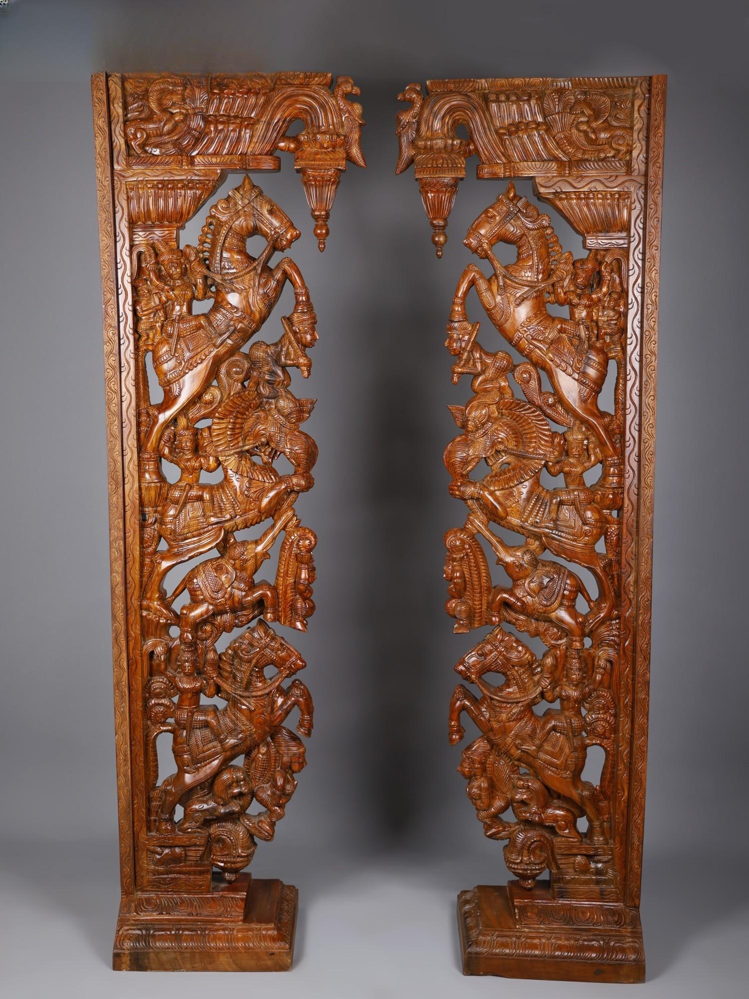 79" Large Horse, Yali and Elephant Design Wood Carved Brackets (Pair): Title: 79" Large Horse, Yali and Elephant Design Wood Carved Brackets (Pair) Description: Additional Information: Large Sized Garden Statues Reserve: $6,728.00 Shipping: Domestic: Flat-rate of