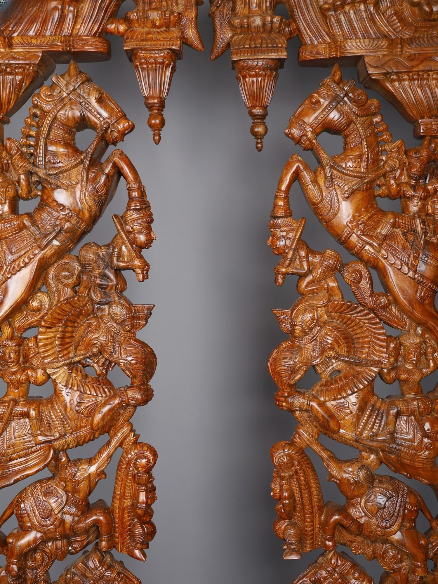 79" Large Horse, Yali and Elephant Design Wood Carved Brackets (Pair) - 2