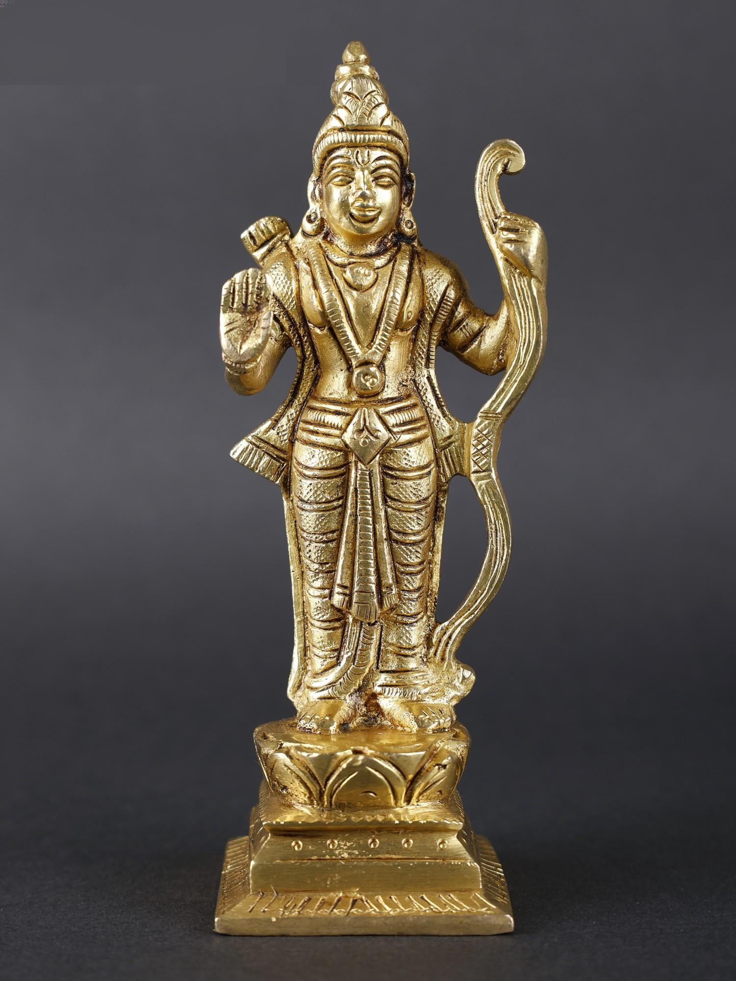 6" Standing Lord Rama Idol in Blessing Gesture | Brass Statue: Title: 6" Standing Lord Rama Idol in Blessing Gesture | Brass Statue Description: Lord Rama is revered across cultures for his embodiment of righteousness and compassion, making his blessings the