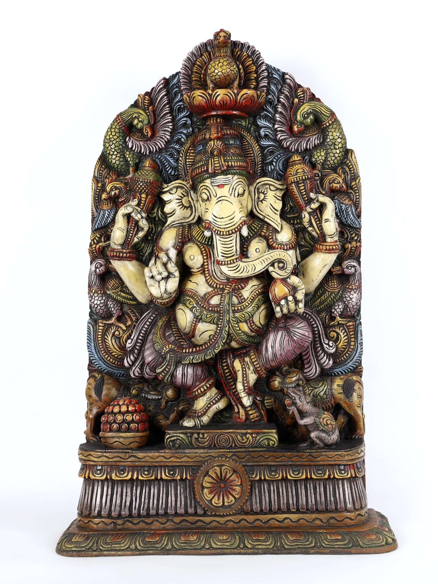 42" Large Four Armed Dancing Lord Ganesha | Colorful Wood Carved Statue: Title: 42" Large Four Armed Dancing Lord Ganesha | Colorful Wood Carved Statue Description: Additional Information: Hindu Gods & Goddesses Statues Reserve: $1,444.00 Shipping: Domestic: Flat-rate of
