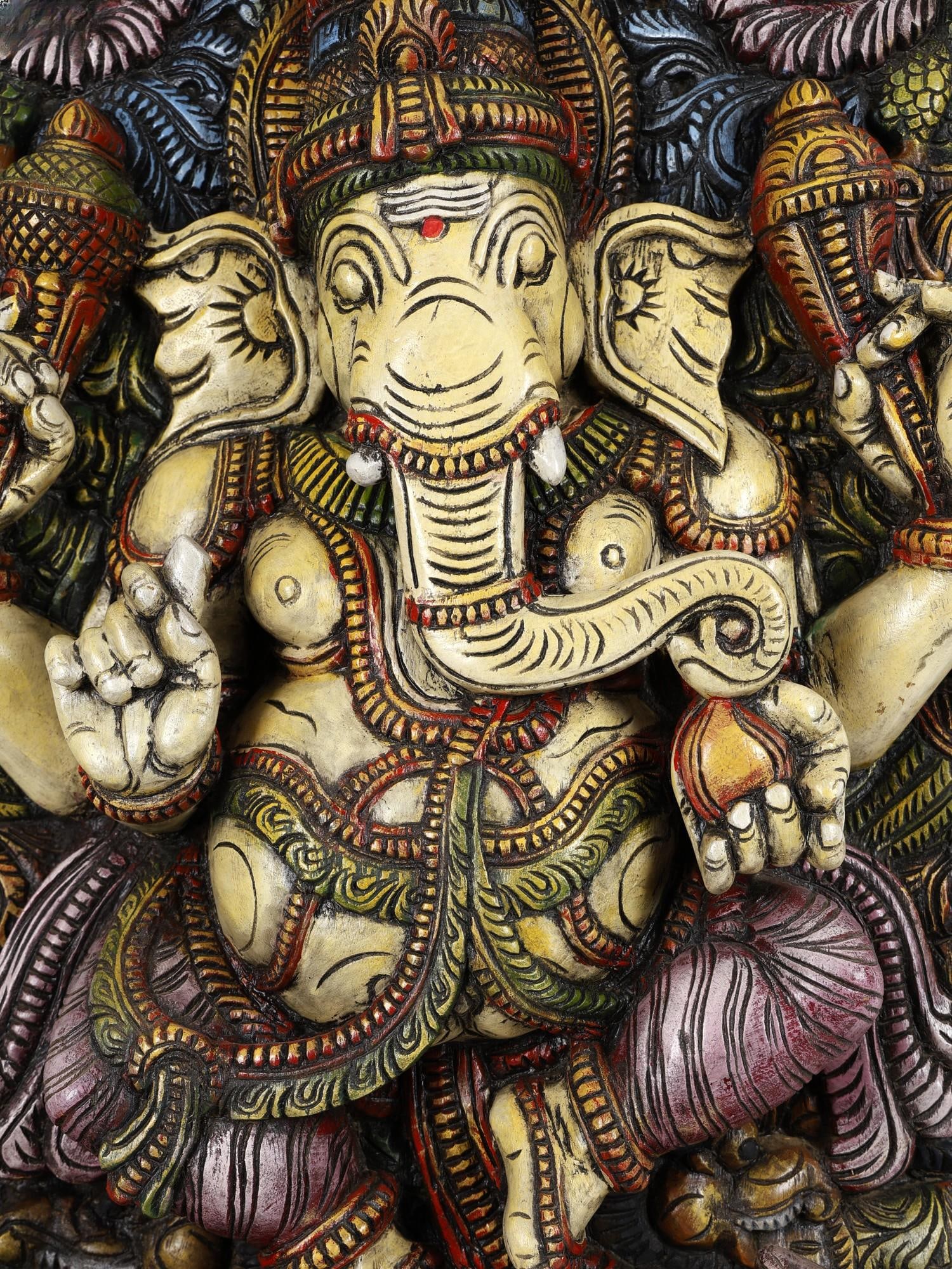 42" Large Four Armed Dancing Lord Ganesha | Colorful Wood Carved Statue - 2