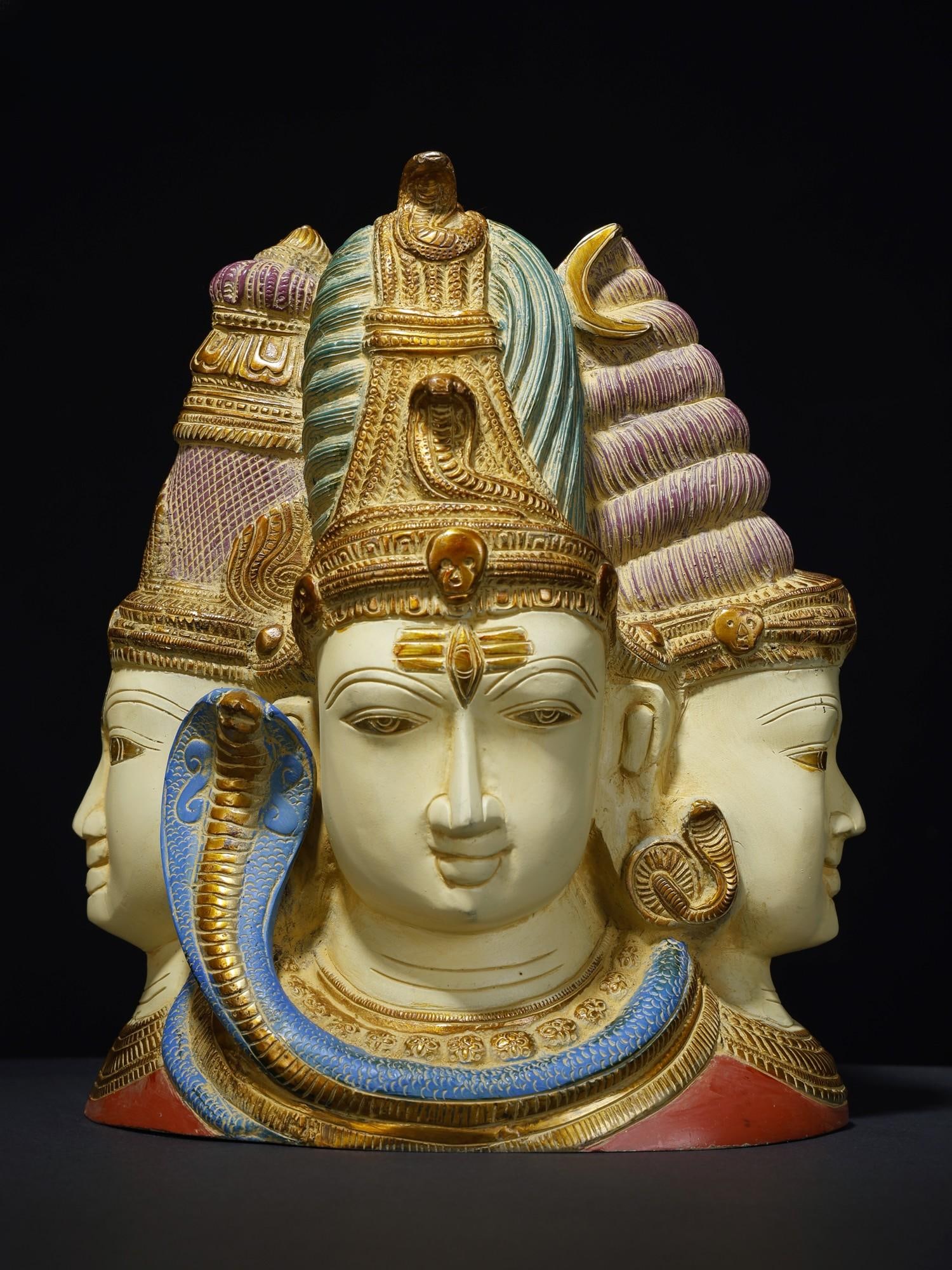 11" Colorful Tri-Dev Bust with Devi on Reverse | Brass Statue: Title: 11" Colorful Tri-Dev Bust with Devi on Reverse | Brass Statue Description: Additional Information: Hindu Gods & Goddesses Statues Reserve: $512.00 Shipping: Domestic: Flat-rate of $57.00 to