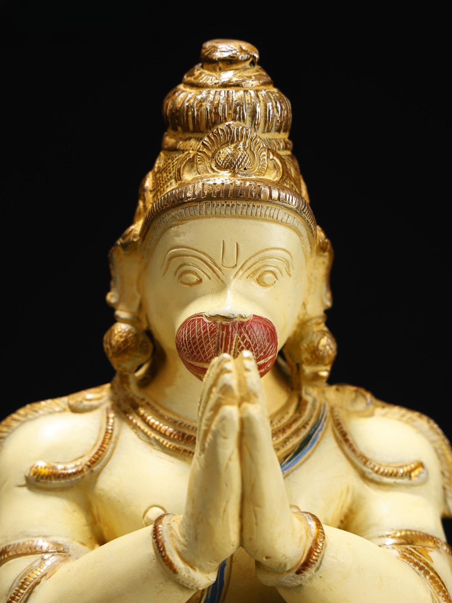 12" Colorful Lord Hanuman Seated in Namaskar Gesture | Brass Statue - 2