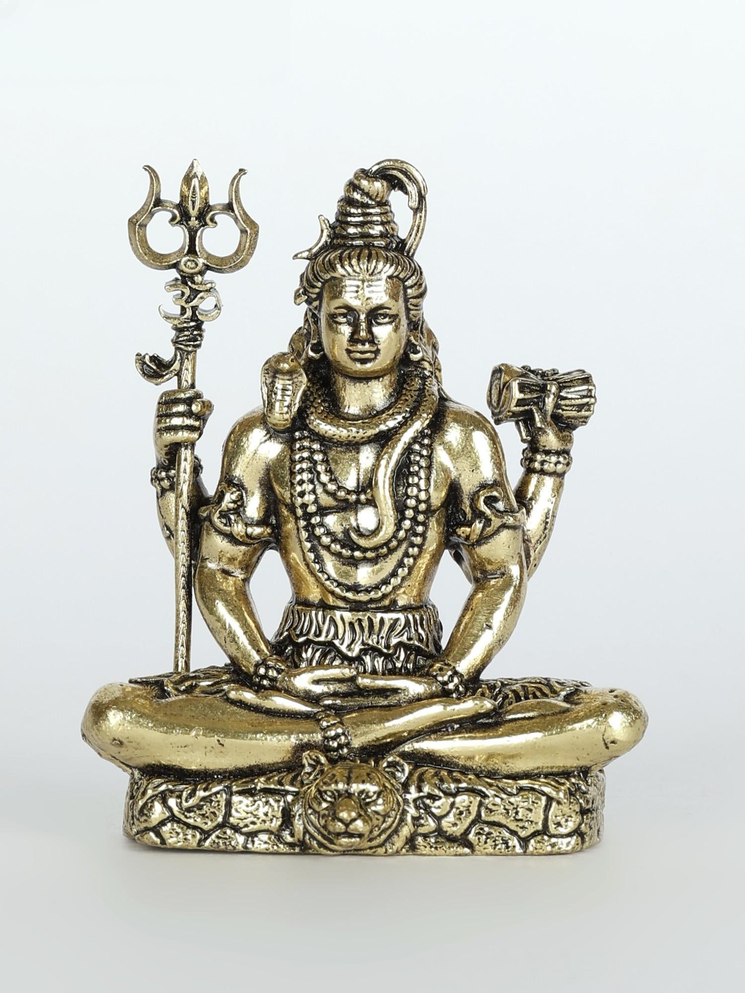 Superfine Sitting Lord Shiva Brass Statue | Different Sizes: Title: Superfine Sitting Lord Shiva Brass Statue | Different Sizes Description: This Superfine Sitting Lord Shiva Brass Statue portrays the divine deity in his Chaturbhuj form, representing his omnipr
