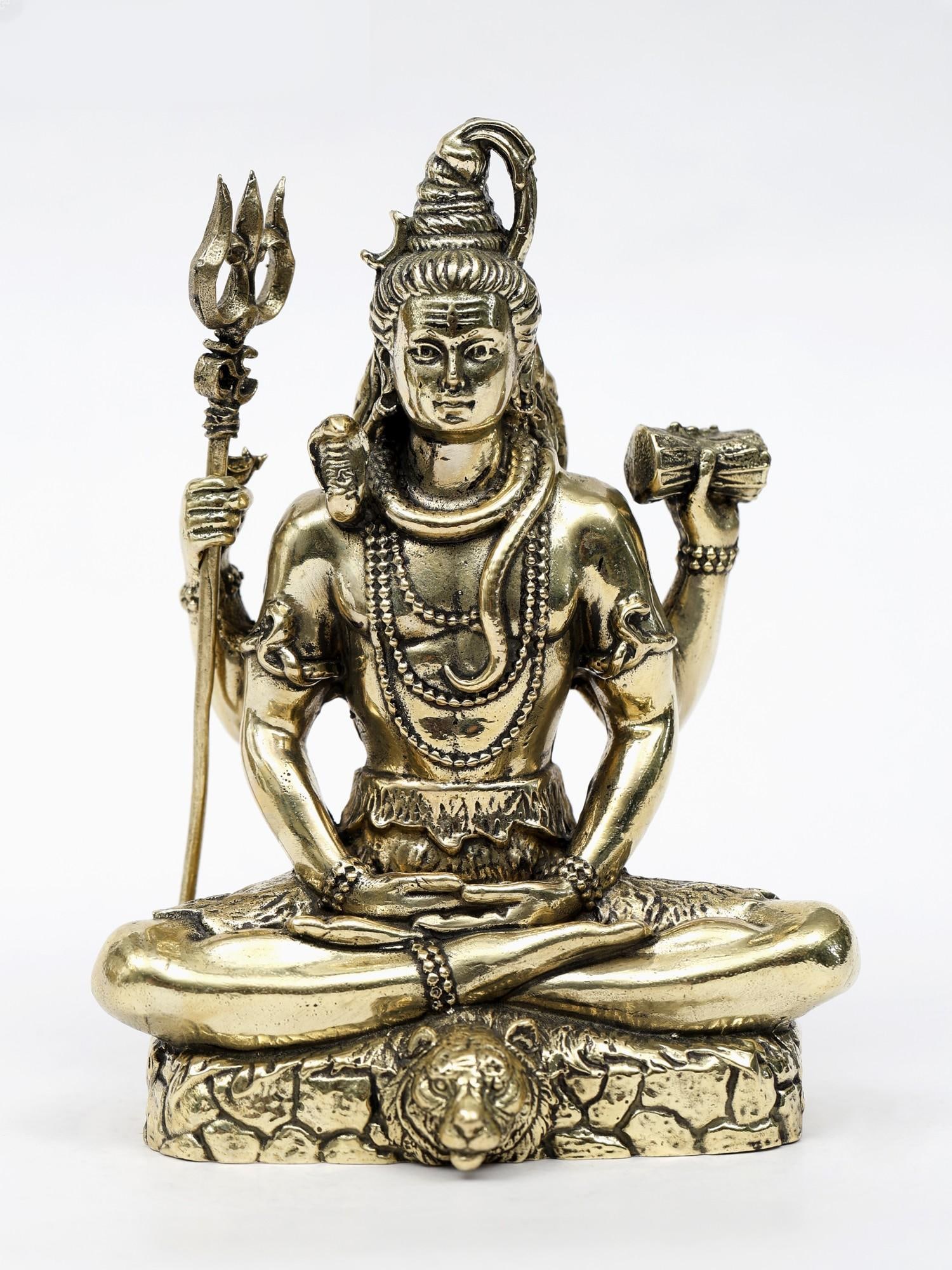 Superfine Sitting Lord Shiva Brass Statue | Different Sizes: Title: Superfine Sitting Lord Shiva Brass Statue | Different Sizes Description: This Superfine Sitting Lord Shiva Brass Statue portrays the divine deity in his Chaturbhuj form, representing his omnipr