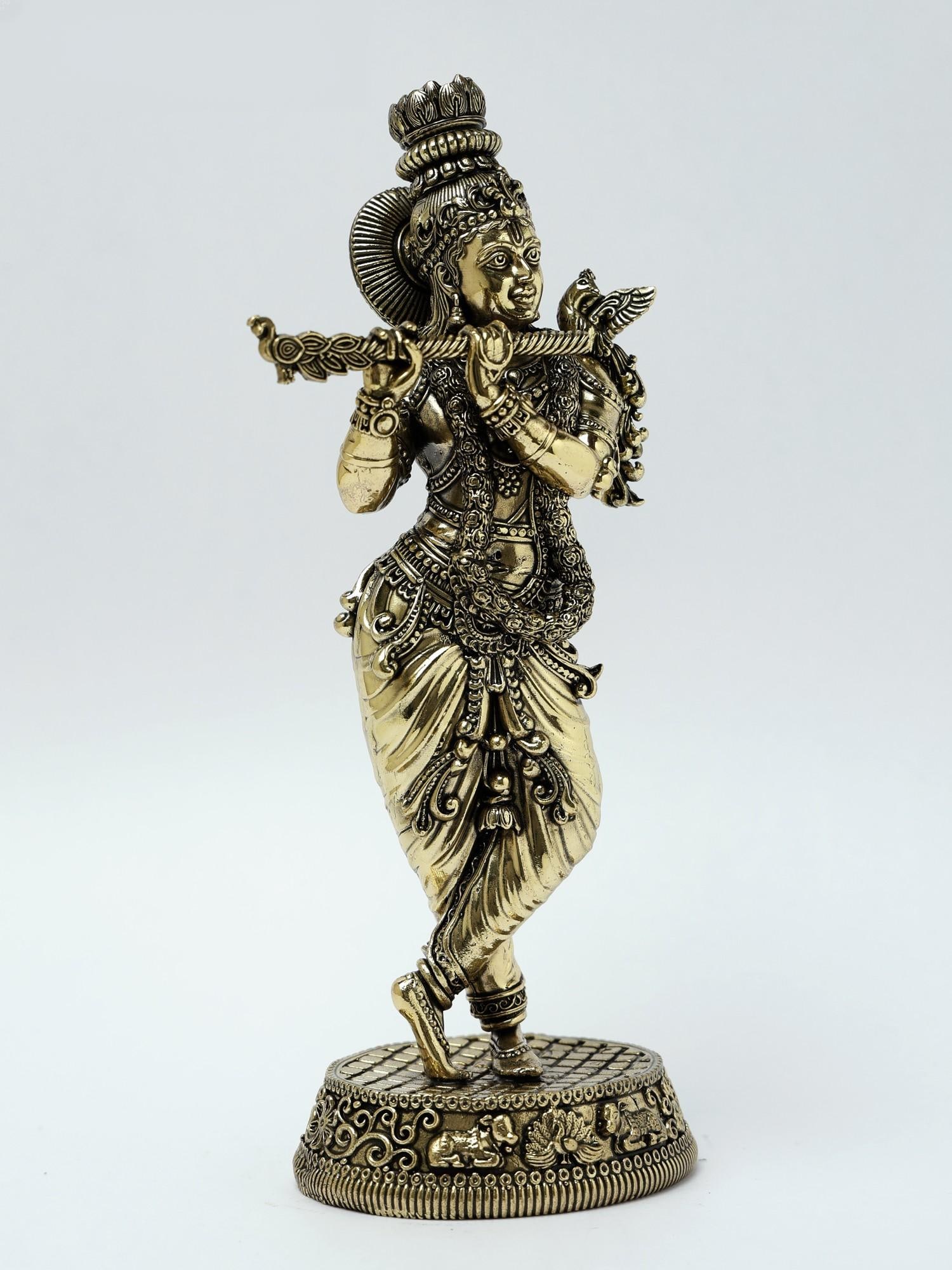 9" Superfine Lord Krishna Brass Statue Playing Flute - 2