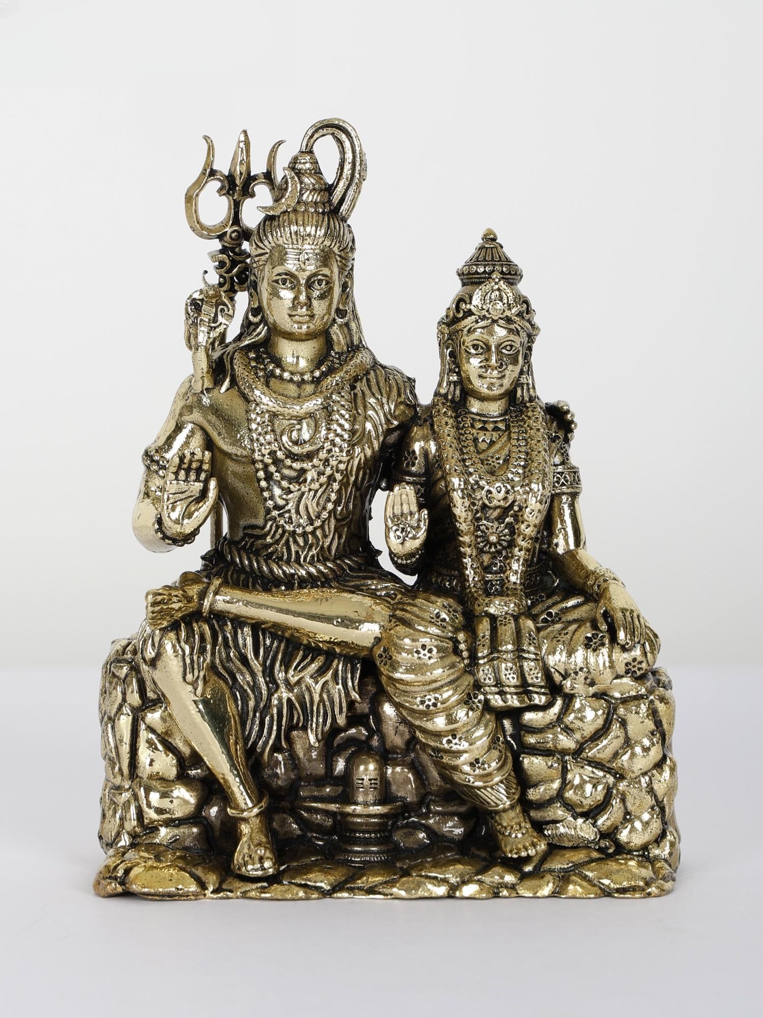 Small Superfine Shiva Parvati Brass Statue Seated in Blessing Gesture | Multiple Sizes: Title: Small Superfine Shiva Parvati Brass Statue Seated in Blessing Gesture | Multiple Sizes Description: The brass statue of Small Shiva-Parvati Seated in a Blessing Gesture is a divine