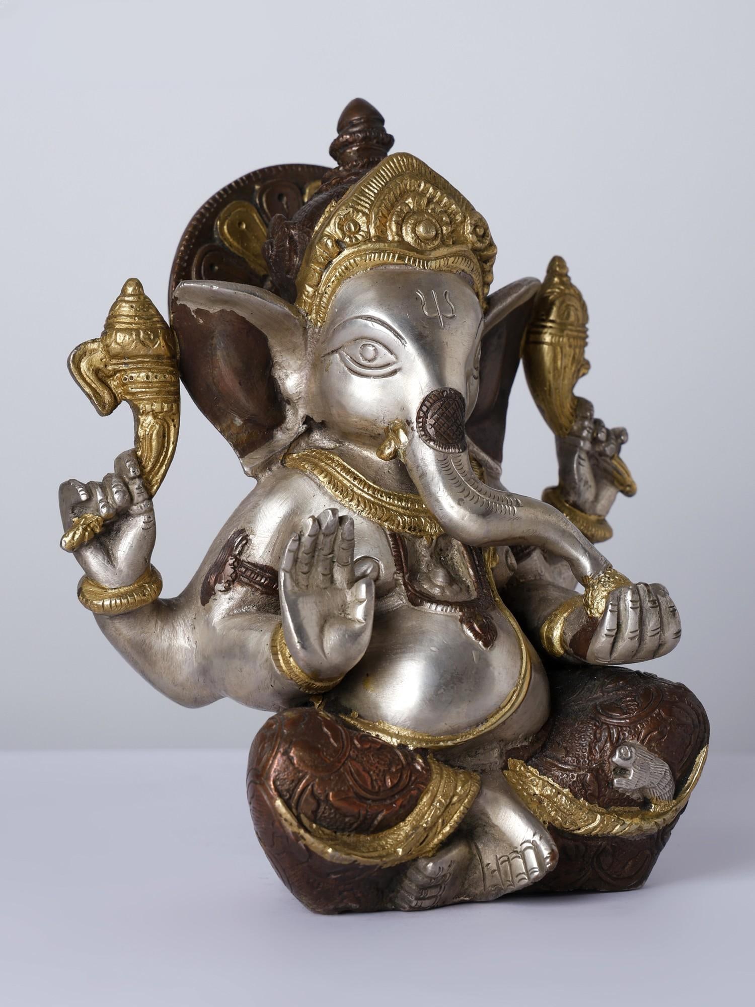 8" Four Armed Blessing Lord Ganesha | Brass Statue - 2