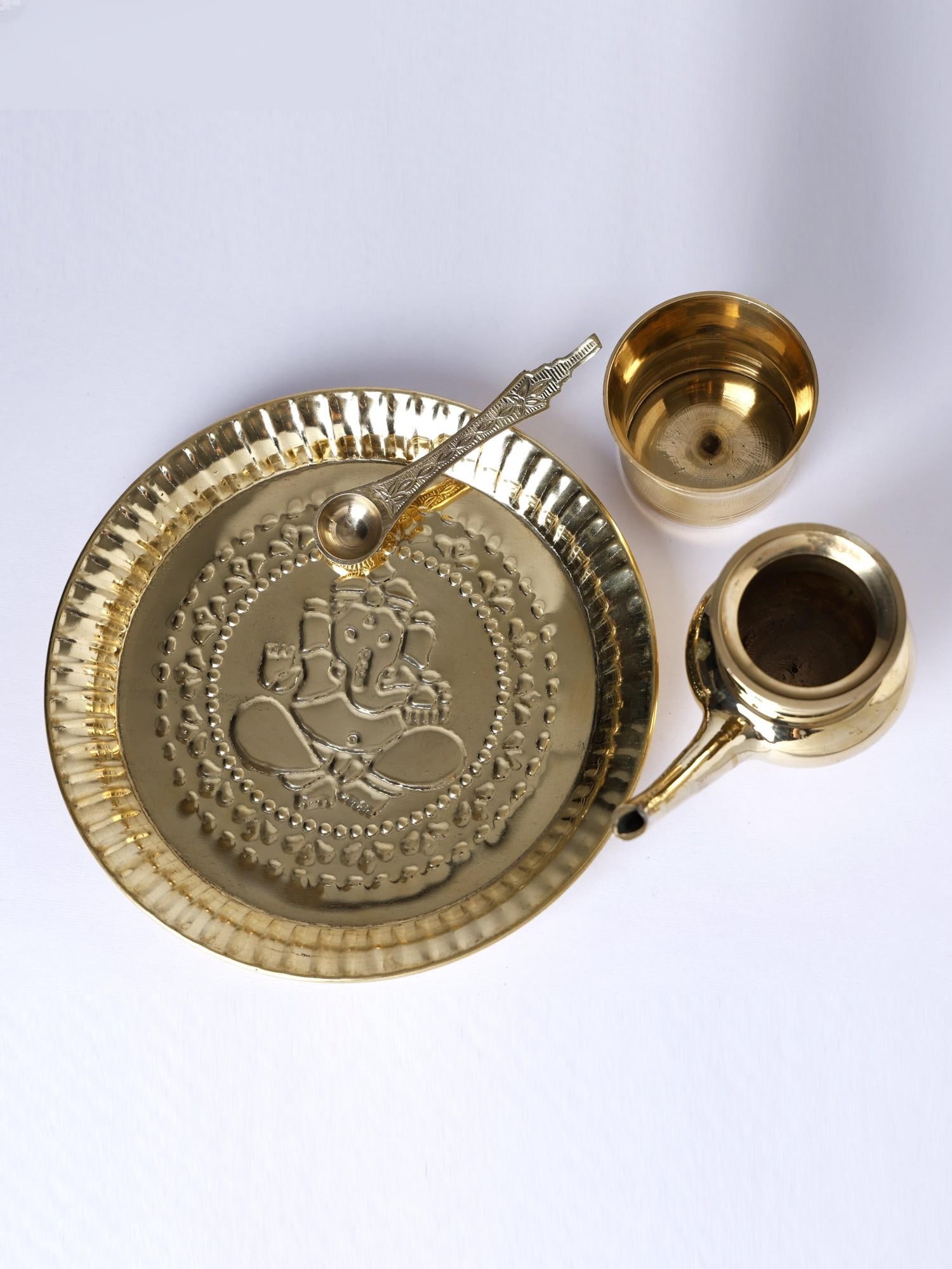 8" Set of Brass Puja Thali | Ritual Puja Items: Title: 8" Set of Brass Puja Thali | Ritual Puja Items Description: This enchanting “Puja Thali Set” is a celestial ode to spirituality and tradition. Made from lustrous brass, each piece r