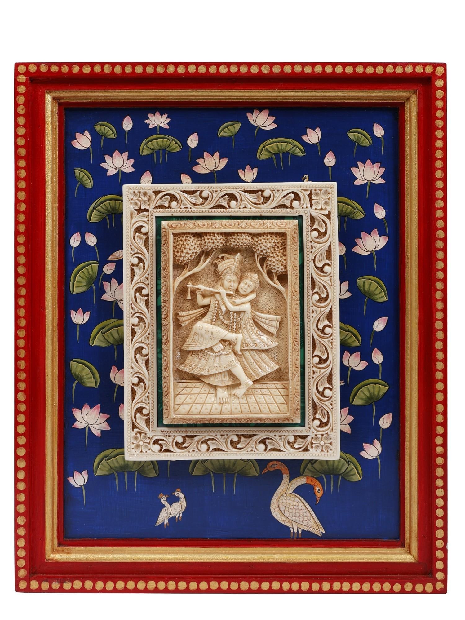 15" Dancing Radha-Krishna Hand-Painted Wall Hanging Frame | Wood and Resin: Title: 15" Dancing Radha-Krishna Hand-Painted Wall Hanging Frame | Wood and Resin Description: Capturing the celestial dance of the divine lovers, this artifact radiates the eternal bond between Radha