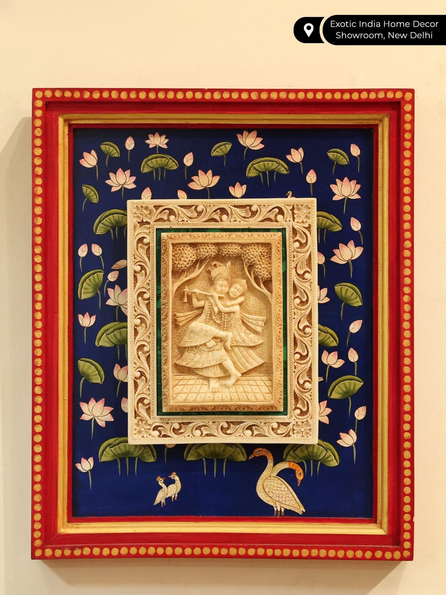 15" Dancing Radha-Krishna Hand-Painted Wall Hanging Frame | Wood and Resin - 2