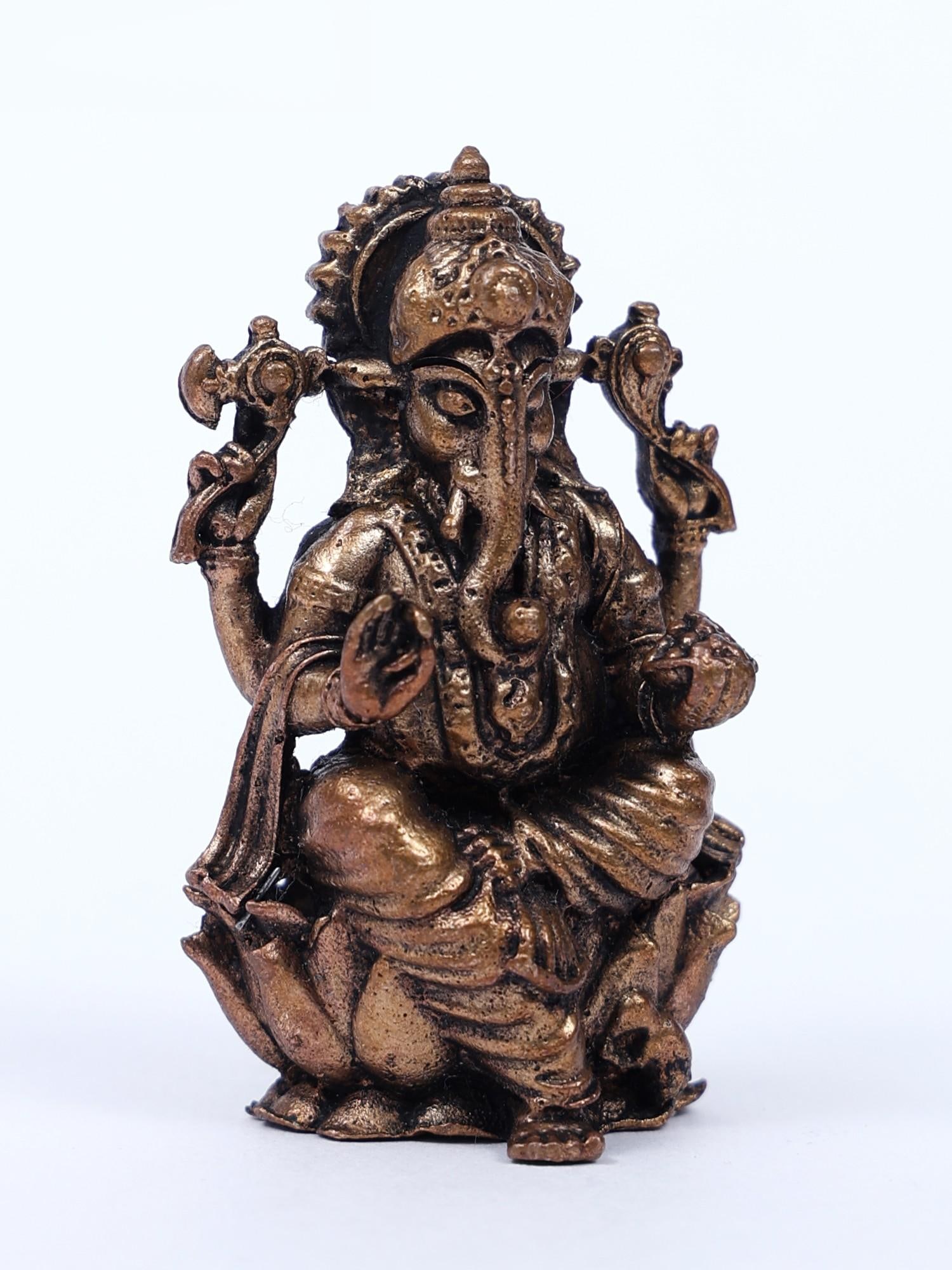 2" Small Blessing Lord Ganesha Copper Statue Seated on Lotus - 2