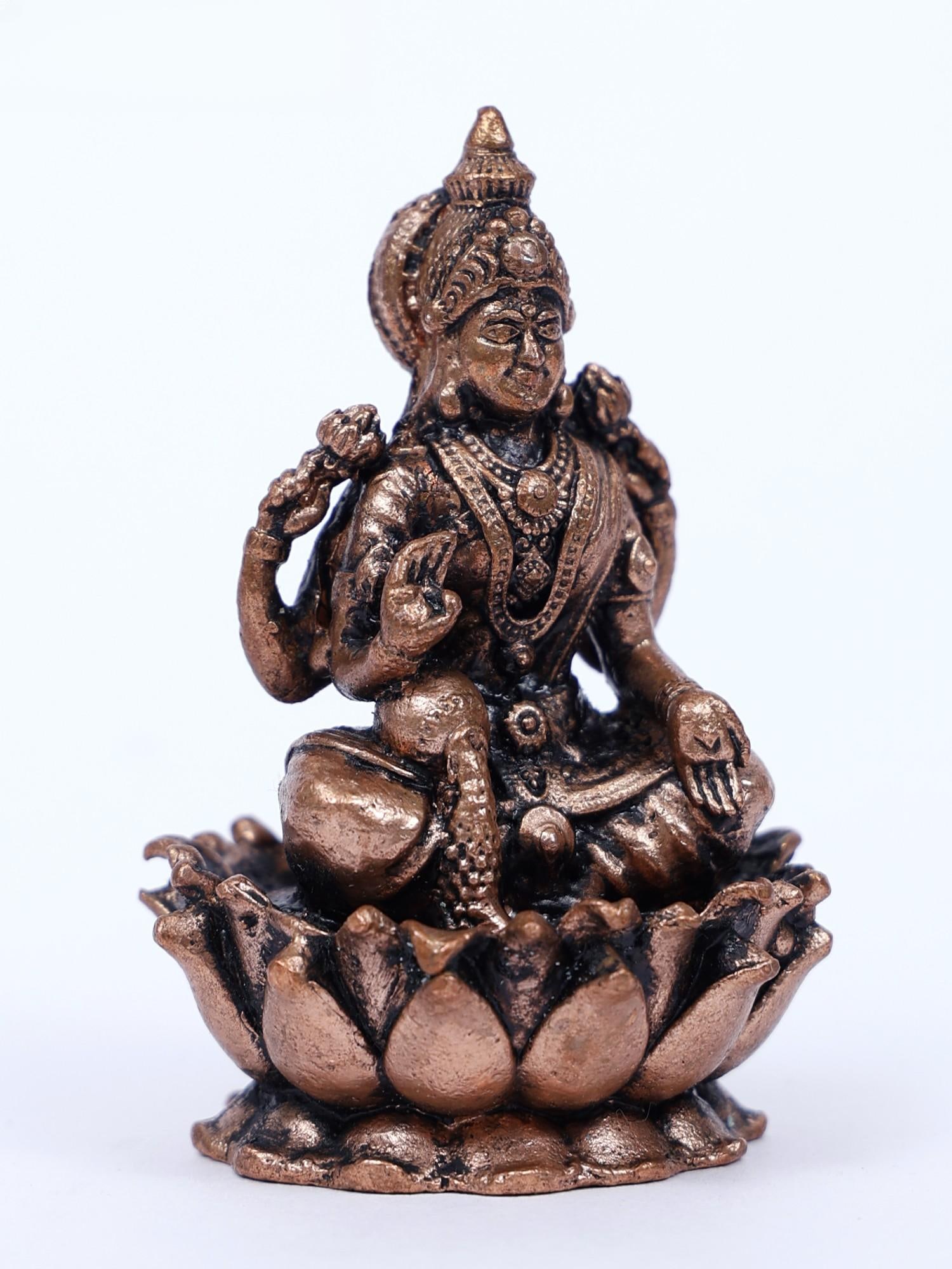 Small Blessing Goddess Lakshmi Copper Statue Seated on Lotus - 2