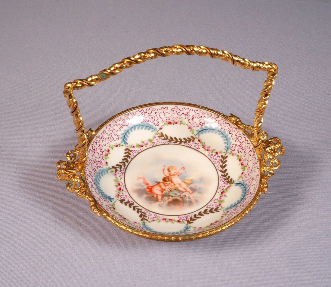Antique Sevres French Porcelain Ormolu Bronze Snack Nut Basket Tray Cherubs (1 of 5)