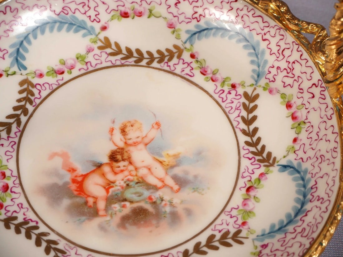 Antique Sevres French Porcelain Ormolu Bronze Snack Nut Basket Tray Cherubs - 3