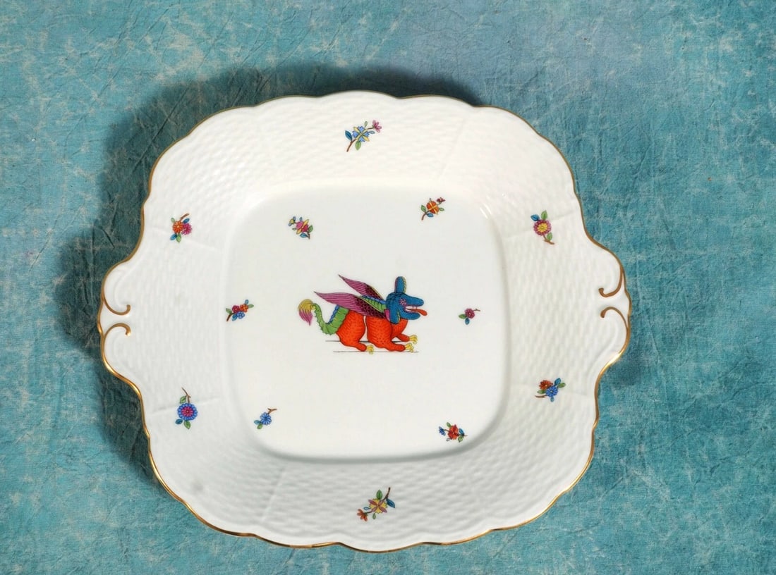 Herend Porcelain Hungary Square Tray Dragon UNIQUE circa 1915 OOAK: This is an exceptional early and very unusual serving tray made by Herend in Hungary. The tray is marked with older Herend back stamp, impressed and impressed numbers on the bottom. The mark was used