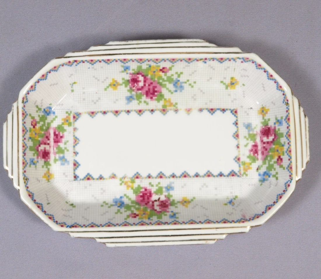 Royal Albert Bone China Petit Point Small Candy Nut Snack Tray Dish England: This is a gorgeous Bone China Small Snack Tray/Dish, from the famous Royal Albert Petit Point Collection - Made in England. The pattern has very pretty delicate cross stitch roses in blue, green, blue