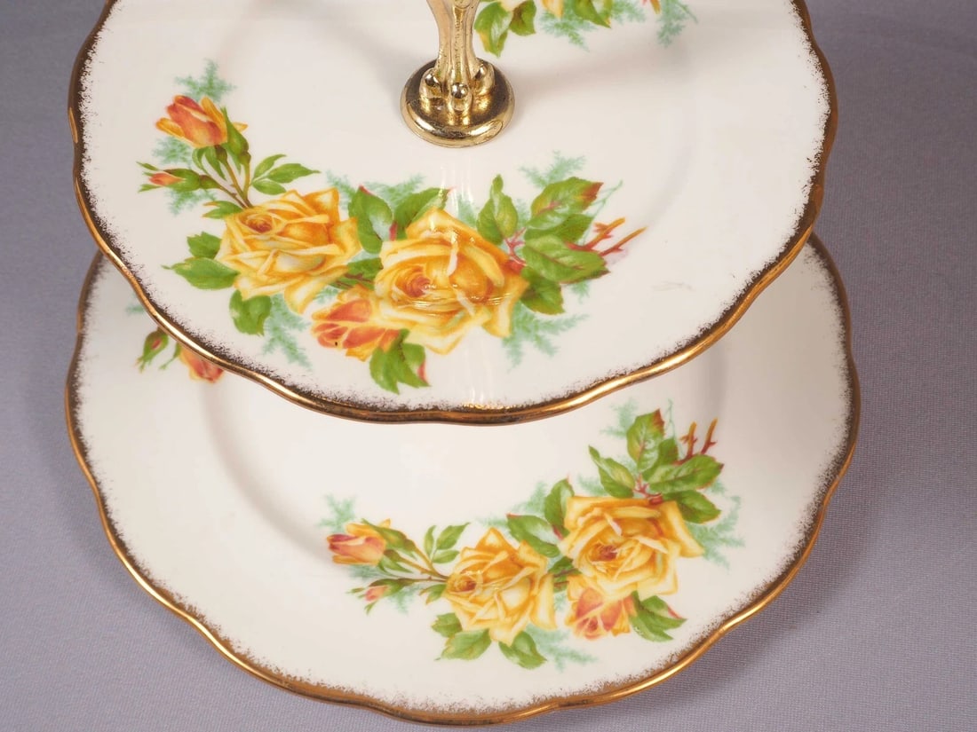 Royal Albert Yellow Tea Rose 2 tier Cake Stand Dish Snack Cookie Tray England - 2