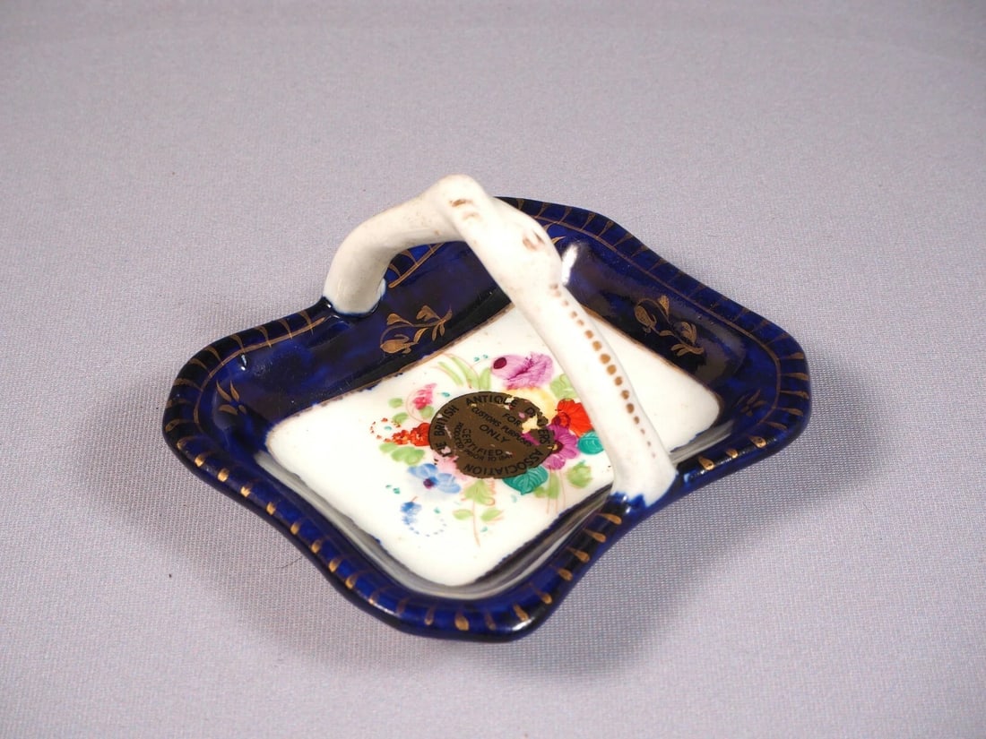 2 Antique Porcelain Cobalt Basket Tray Candy Nut Dish Set Handles Certified 1841 - 2