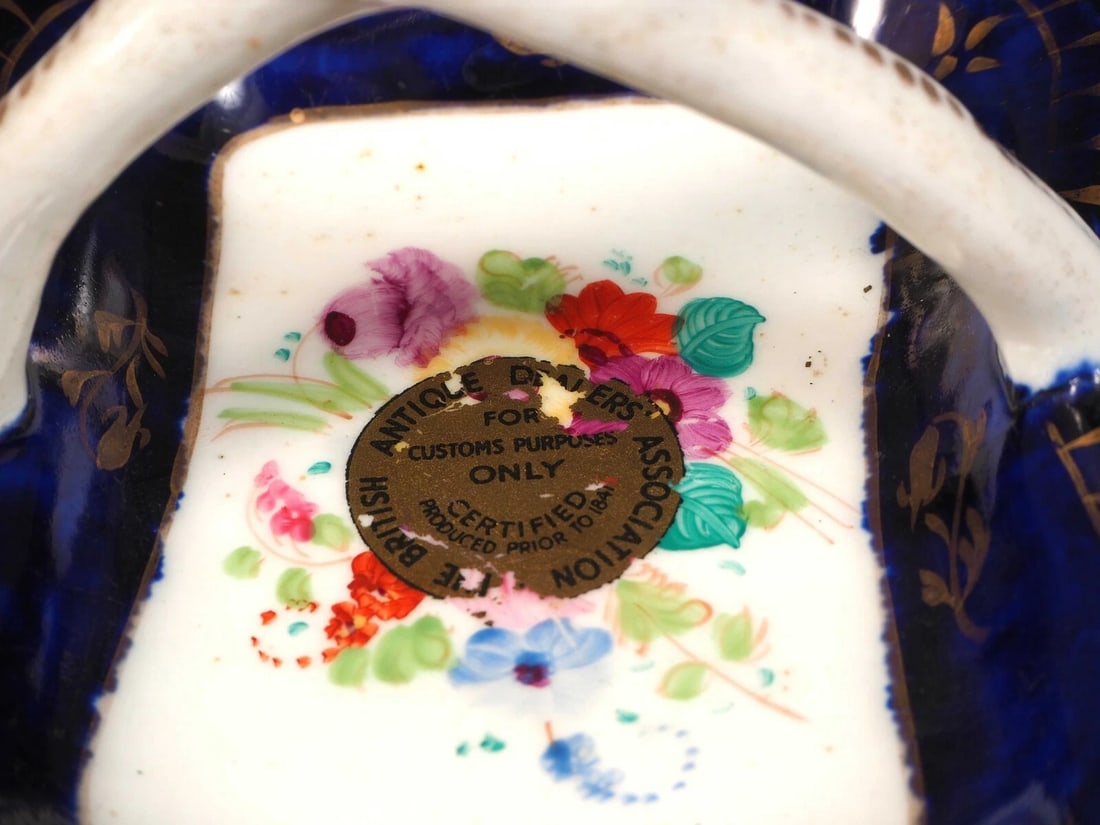2 Antique Porcelain Cobalt Basket Tray Candy Nut Dish Set Handles Certified 1841 - 3