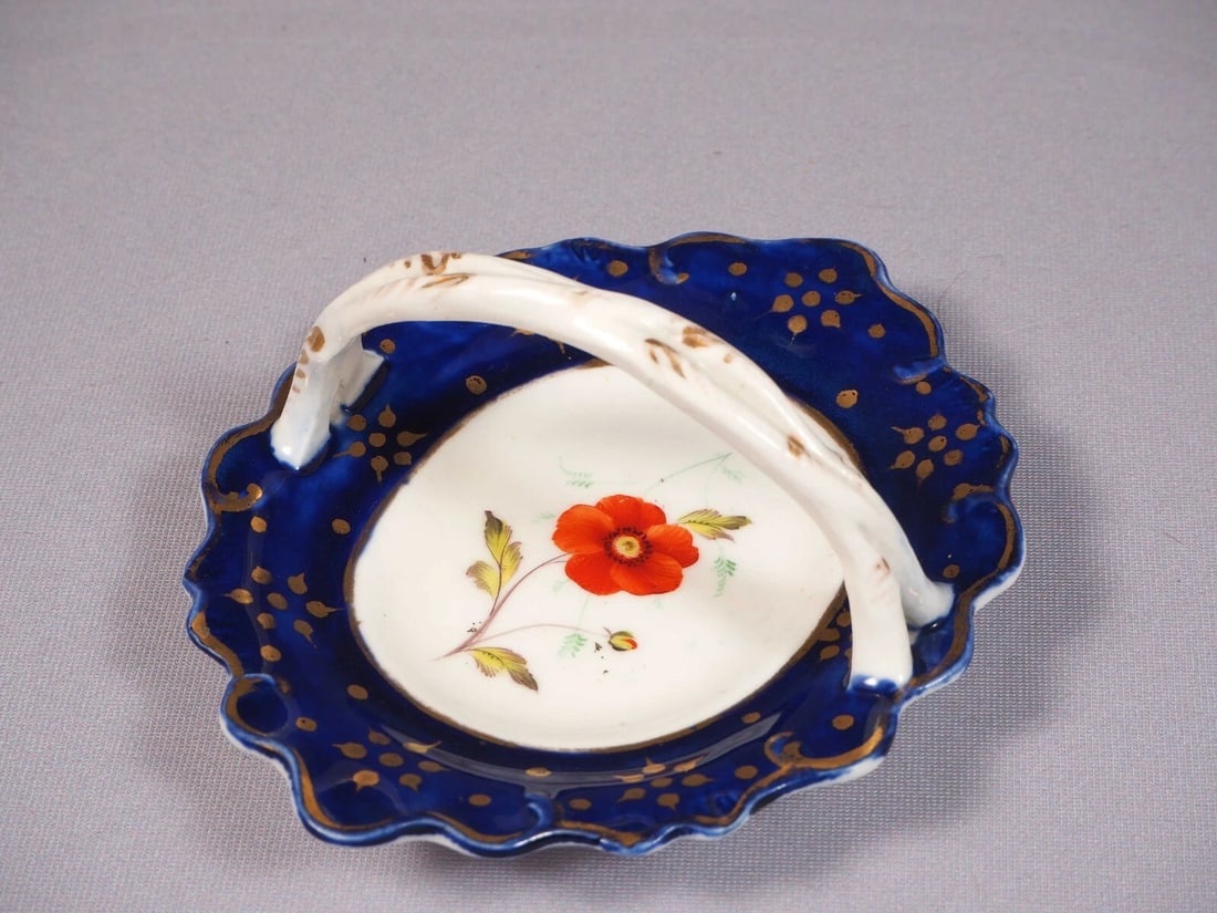 2 Antique Porcelain Cobalt Basket Tray Candy Nut Dish Set Handles Certified 1841 - 5