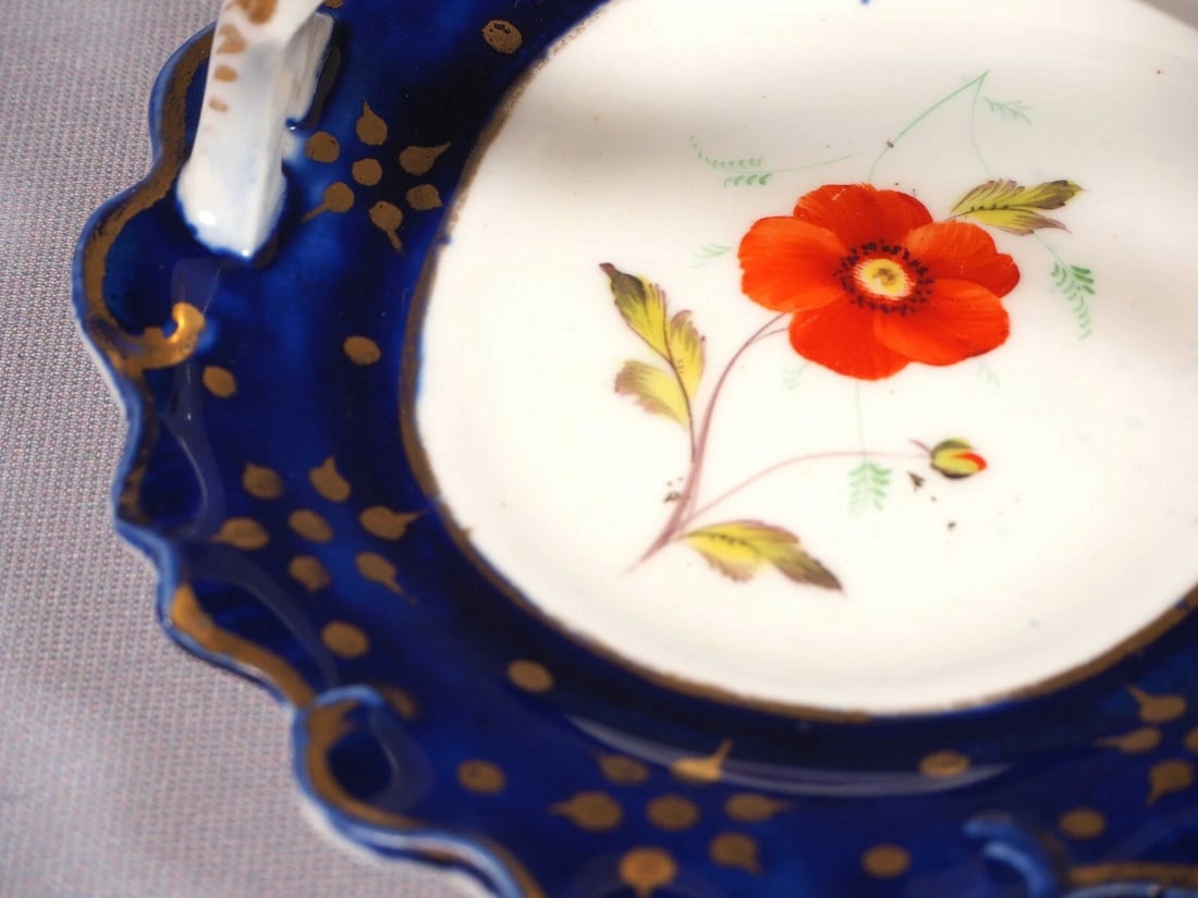 2 Antique Porcelain Cobalt Basket Tray Candy Nut Dish Set Handles Certified 1841 - 6
