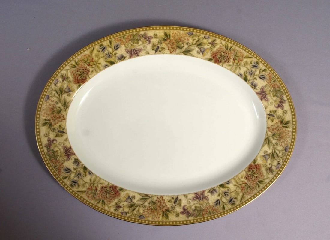 Wedgwood Floral Tapestry LARGE Oval Serving Platter England 15 1/2" PERFECT: This very rare and absolutely stunning Large Oval Serving Platter made by Wedgwood in the stylish Floral Tapestry pattern. The platter features a gold rim and multicolor floral. The small bread plates