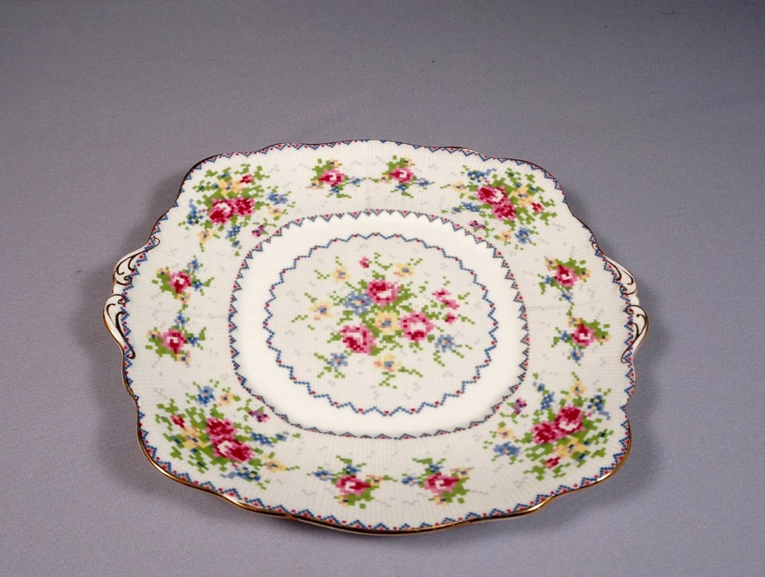 Royal Albert Bone China Petit Point Cake SANDWICH Snack TRAY DISH Square: This is a gorgeous Bone China Large Cake Snack Tray/Dish, from the famous Royal Albert Petit Point Collection - Made in England. The pattern has very pretty delicate cross stitch roses in blue, green,