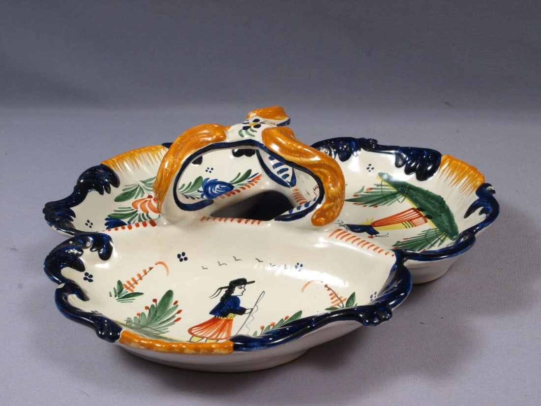Vintage HENRIOT QUIMPER 3 part Divided Dish Girl France LARGE Faience France - 2