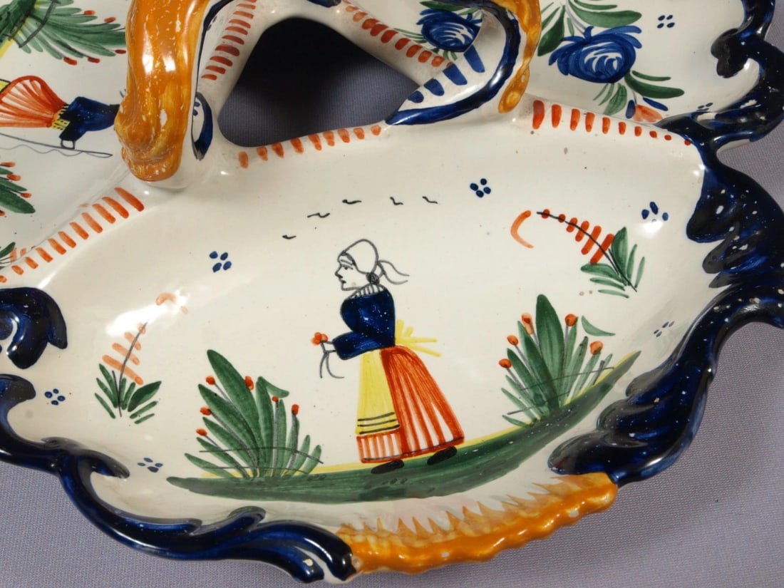 Vintage HENRIOT QUIMPER 3 part Divided Dish Girl France LARGE Faience France - 4