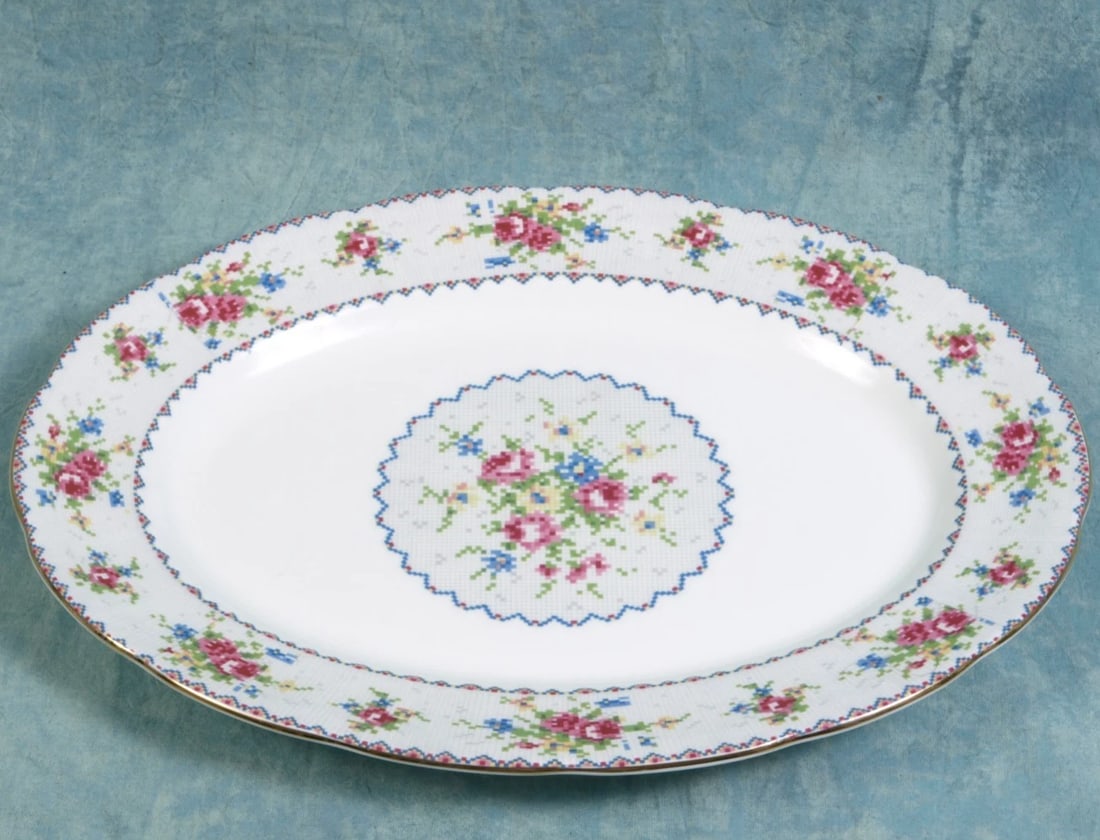 Royal Albert Petit Point Vintage Oval Serving Platter 1930's England: This is a gorgeous Bone China Large Oval Serving Platter. It is from the famous Royal Albert Petit Point Collection - Made in England. The pattern has very pretty delicate cross stitch roses in blue, 