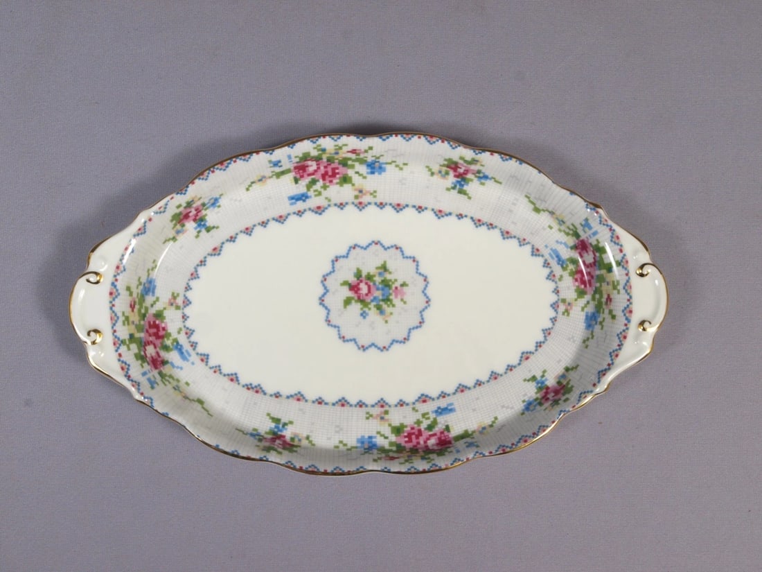 Royal Albert Bone China Petit Point Oval Dessert Cake Snack Tray Dish England: This is a gorgeous Bone China Cake Snack Tray/Dish, from the famous Royal Albert Petit Point Collection - Made in England. The pattern has very pretty delicate cross stitch roses in blue, green, blue 