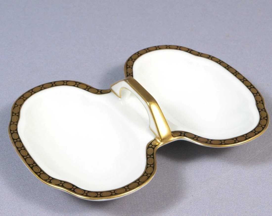 ROSENTHAL EMPIRE Split Divided Bonbon Nuts Dish Tray Gold Cobalt 1930s: This is a beautiful Divided Bonbon Nuts Dish/Tray. It is made by ROSENTHAL in Germany. The pattern features very fine, thin porcelain with cobalt blue and gold circles at the rim The dish is properly