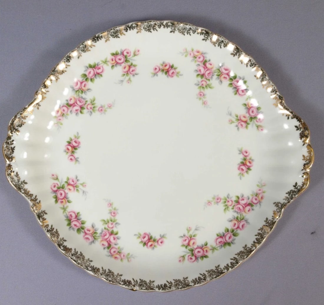 Royal Albert DIMITY Rose OHandled Round Cake Snack Dessert Tray Dish England: This is a stunning Large Handled Round Cake Snack Dessert Dish/TRAY/Platter. It is from the Dimity Rose pattern by Royal Albert - Made in England. The tray is properly marked with Royal Albert back st