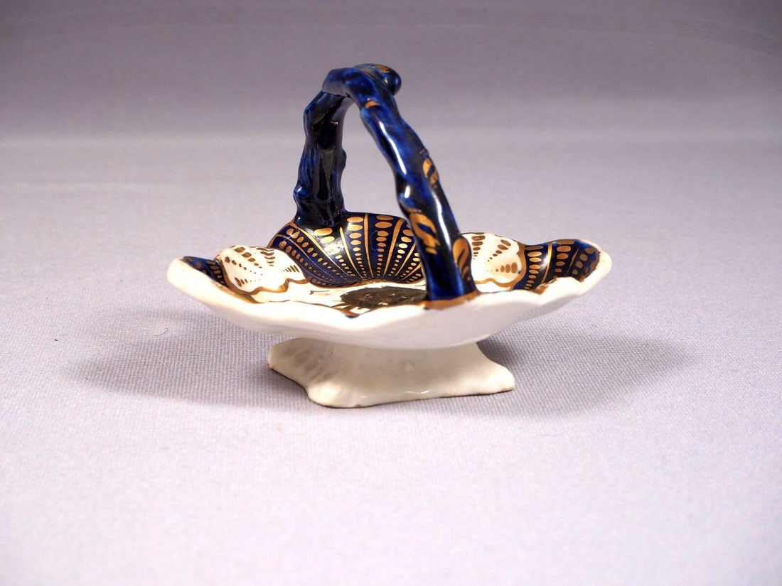 Antique Porcelain Cobalt Basket Tray Candy Nut Dish Handles Certified 1847 - 2